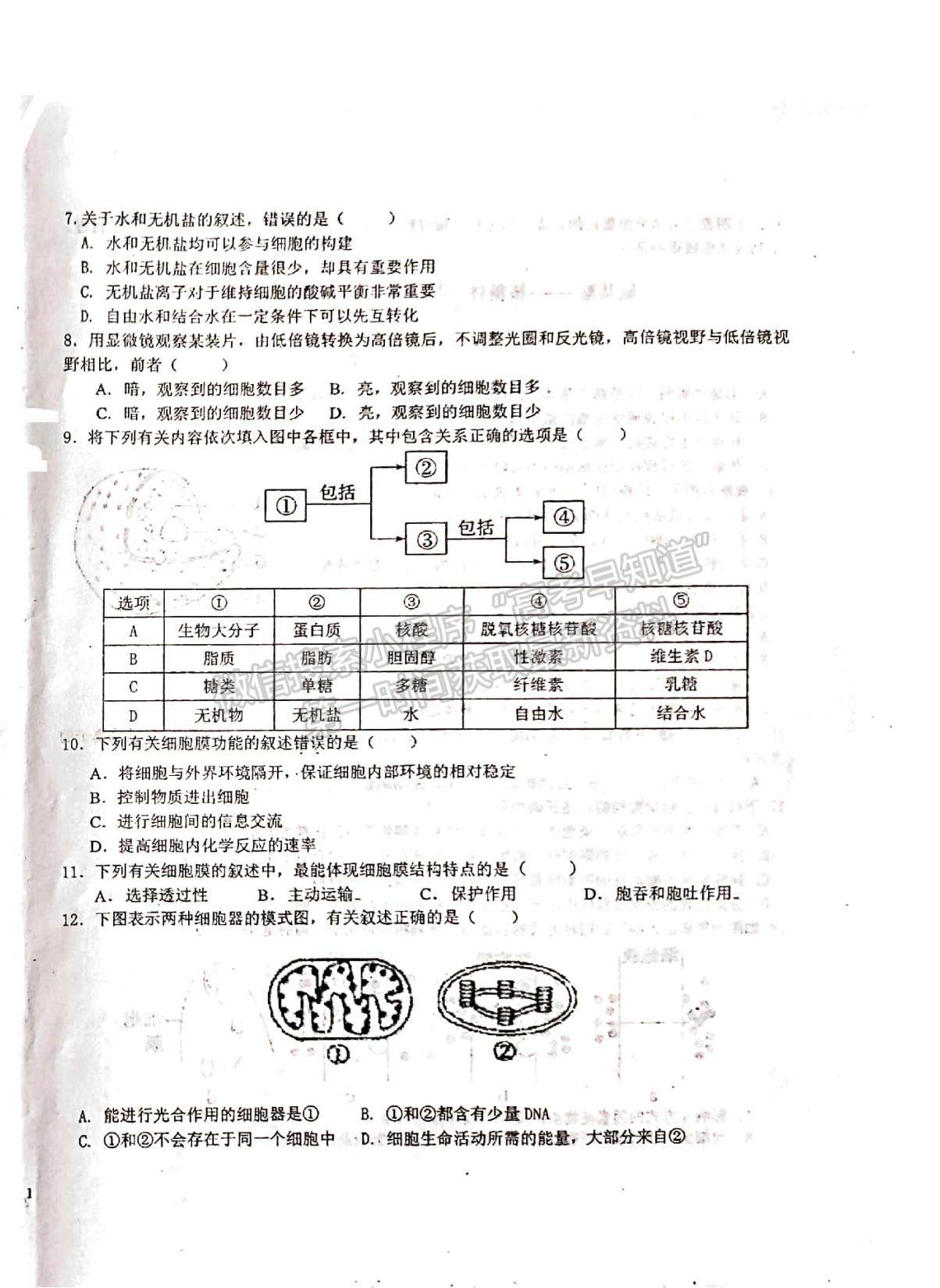 2022新疆烏蘇市第一中學高二12月月考試題生物（平行班）試題及參考答案