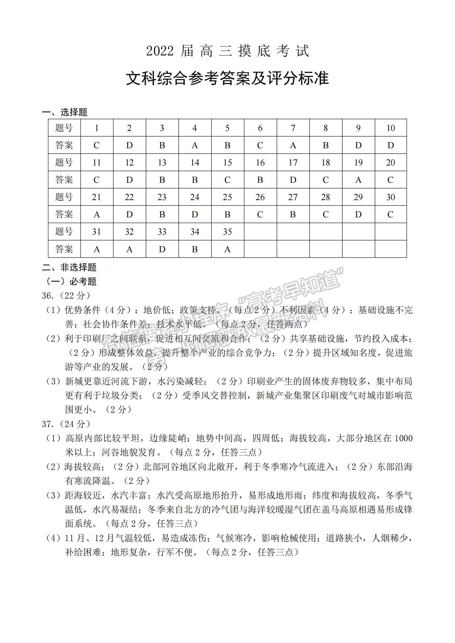 2022云南省昆明市高三12月摸底考試文綜試題及參考答案