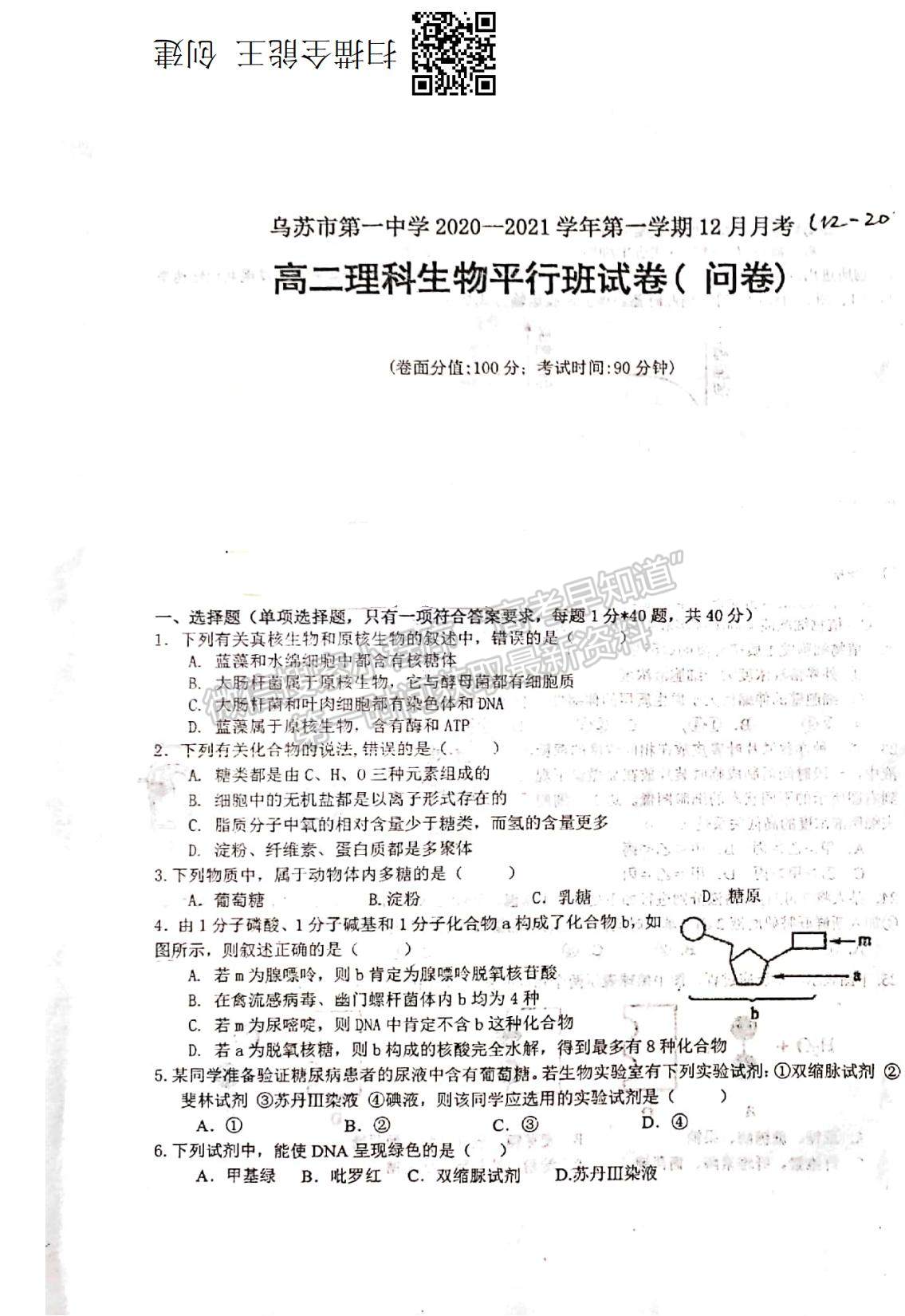 2022新疆烏蘇市第一中學高二12月月考試題生物（平行班）試題及參考答案