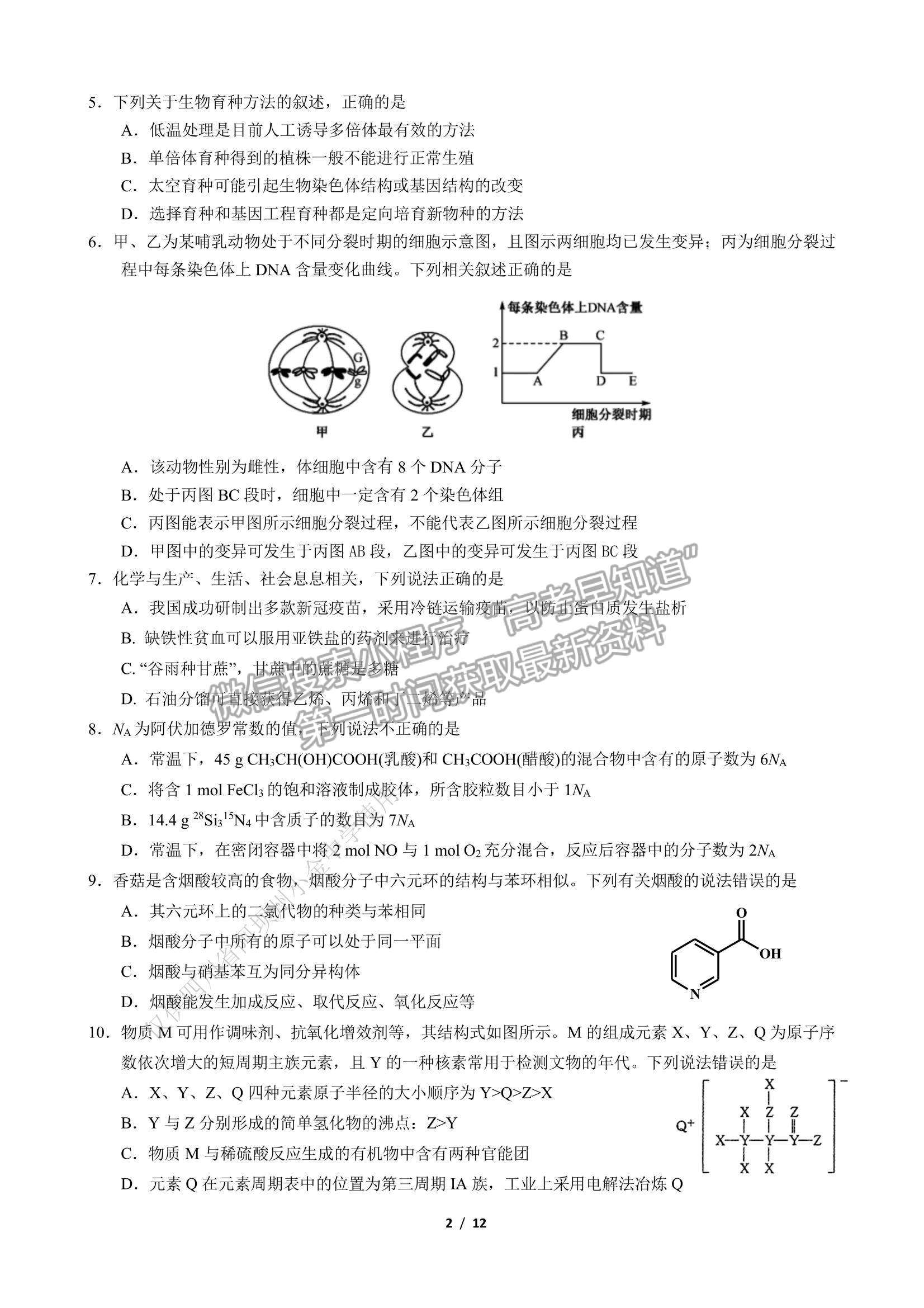 2022成都七中高三一診理綜試題及參考答案