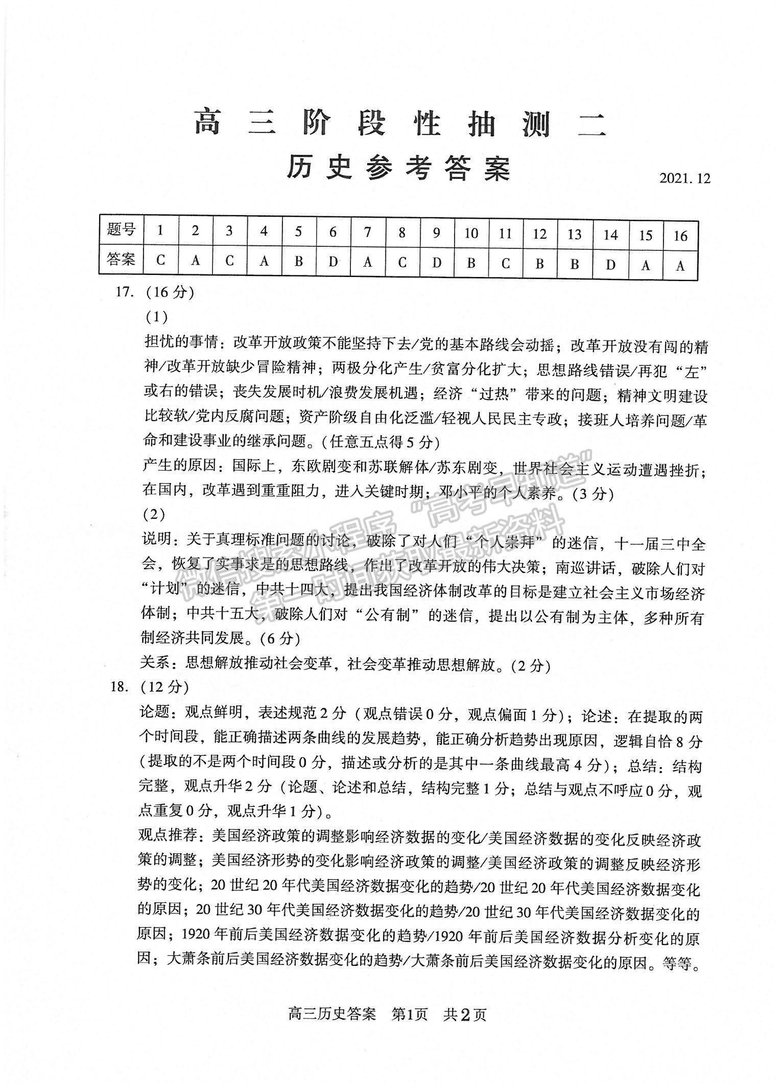 2022江蘇常熟高三上學期階段性抽測二歷史試題及參考答案