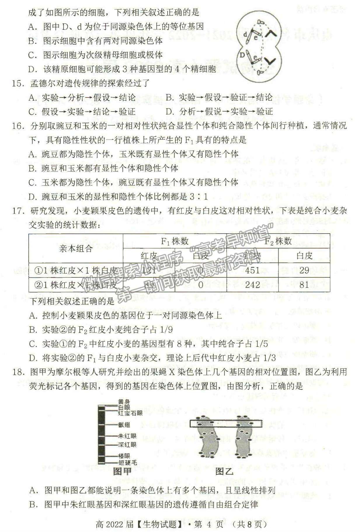 2022重庆名校联盟高三第一次联合考试生物试题及参考答案