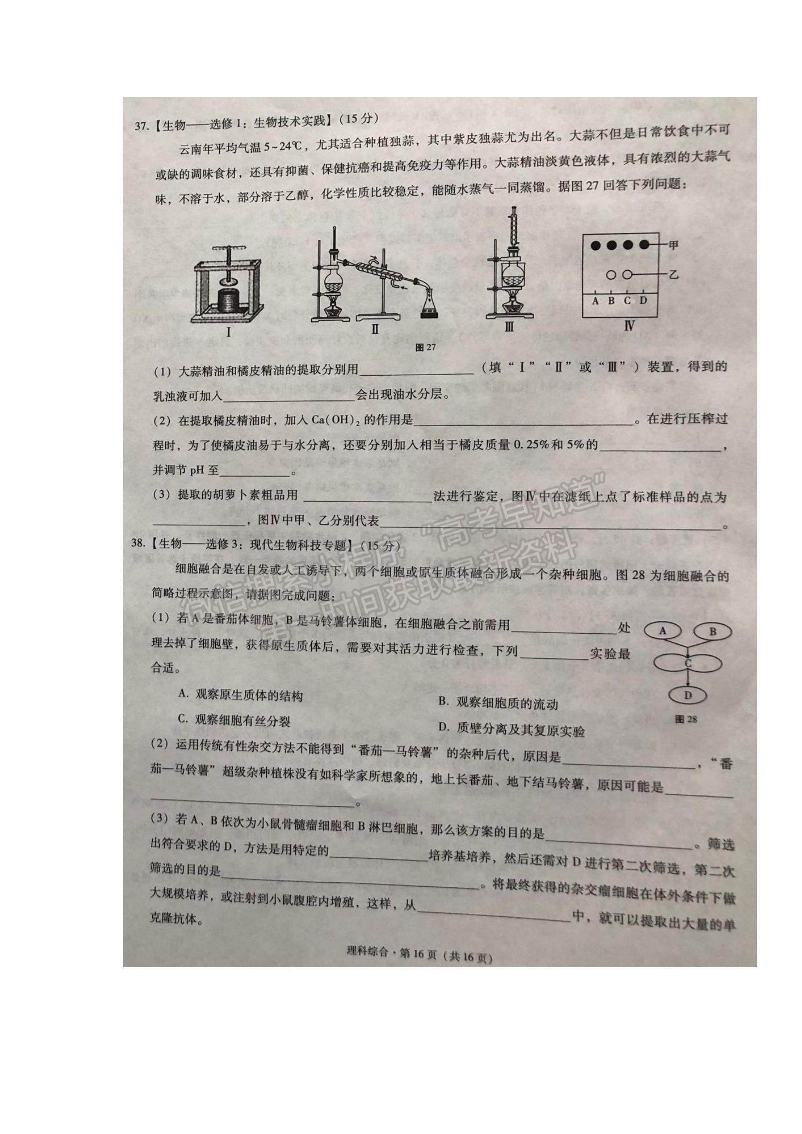 2022云南三校高三高考備考實(shí)用性聯(lián)考（二）理綜試題及參考答案