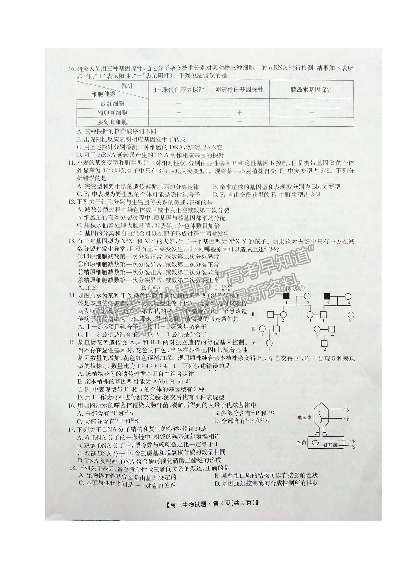 2022陕西安康高三11月期中考试生物试题及参考答案