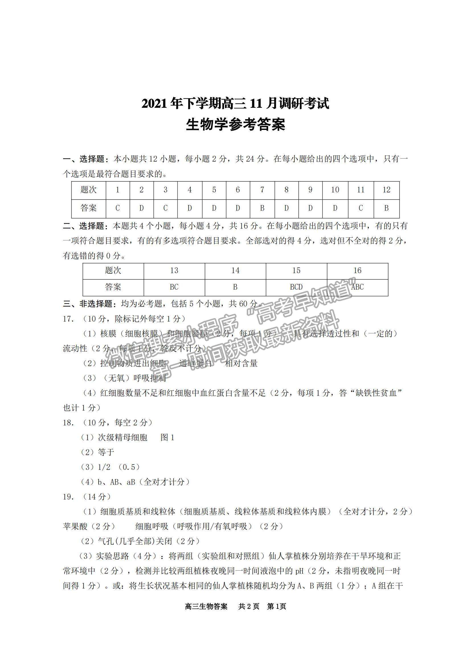 2022湖南天壹名校聯(lián)盟高三11月調(diào)研考試生物試題及參考答案