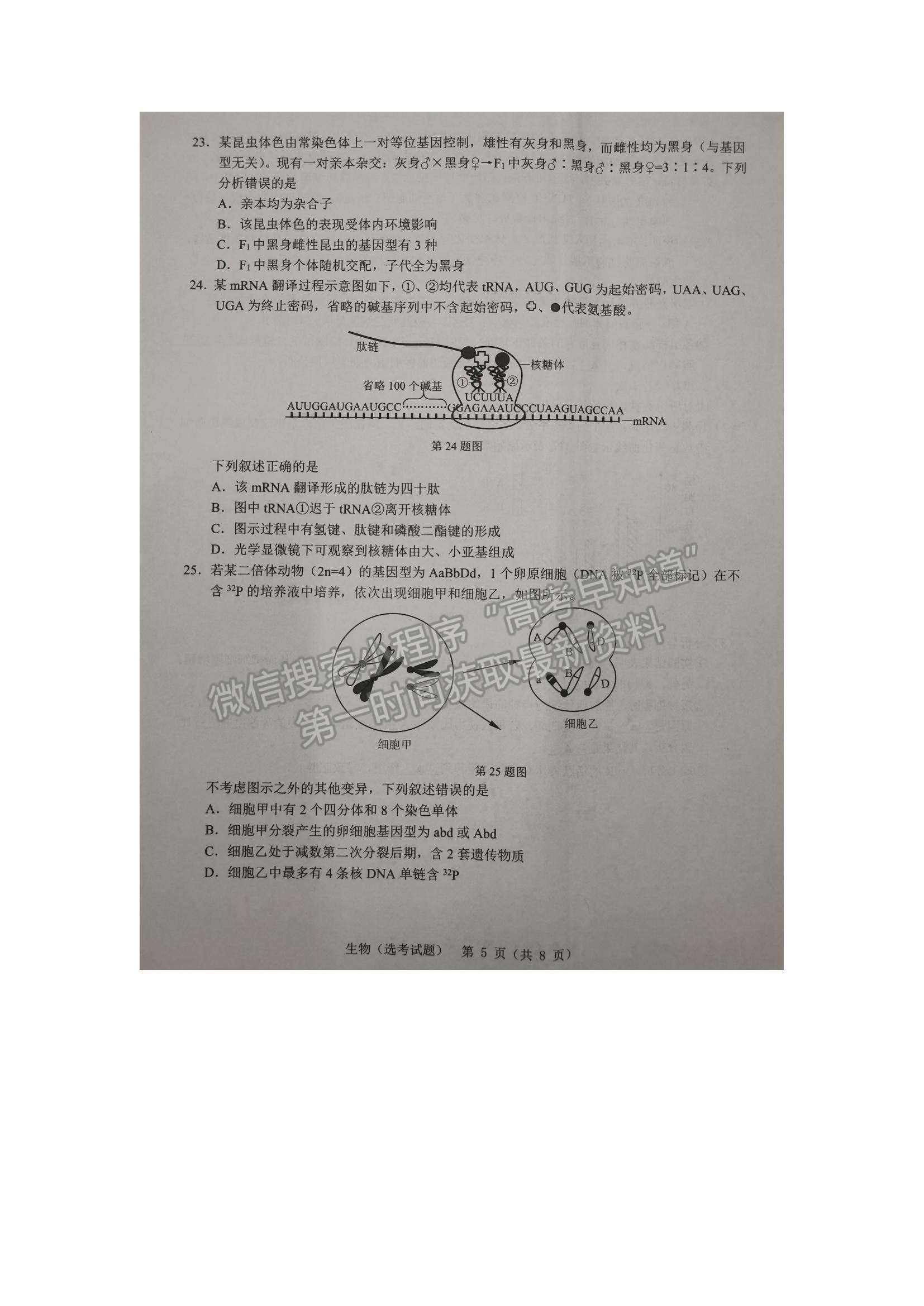 2022浙江省溫州一模生物試題及參考答案