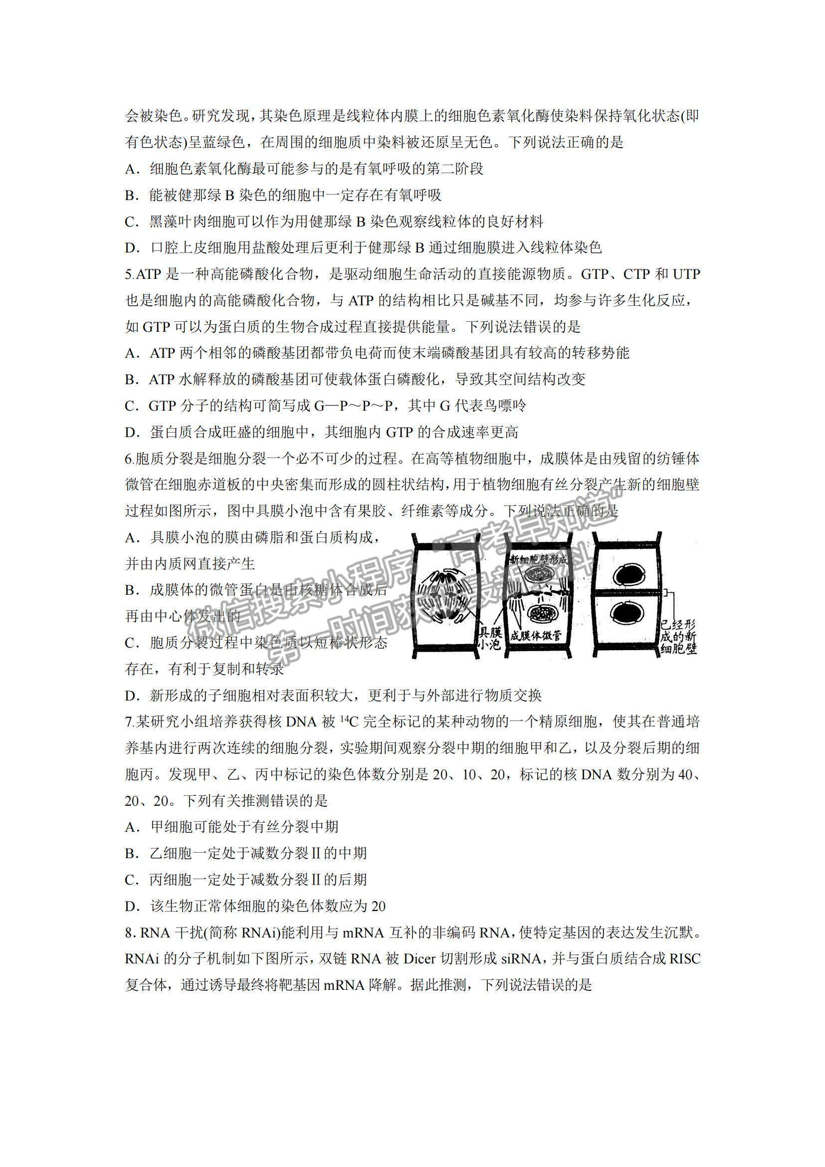 2022山東濰坊高三學(xué)科核心素養(yǎng)測(cè)評(píng)生物試題及參考答案