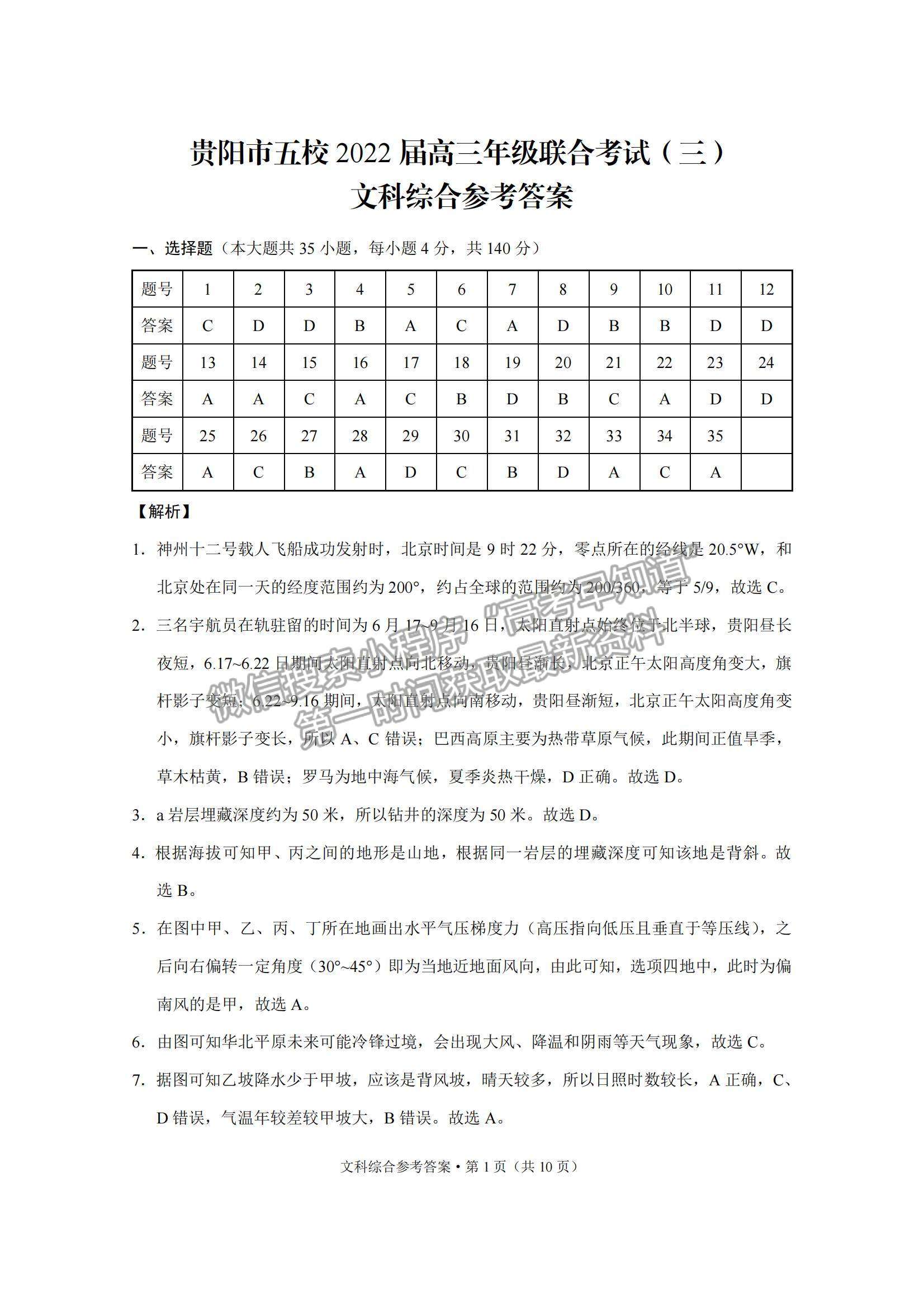 2022貴陽市五校高三11月聯(lián)考（三）文綜試題及參考答案