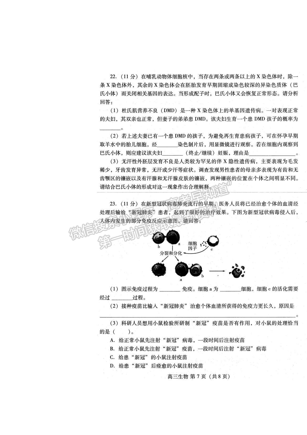 2022山東濰坊高三12月優(yōu)秀生抽測(cè)生物試題及參考答案