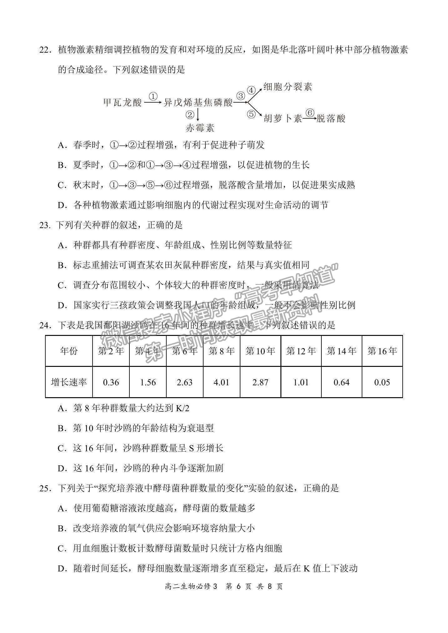 2022全國百強校“領軍考試”高二11月聯(lián)考生物（必修3）試題及參考答案