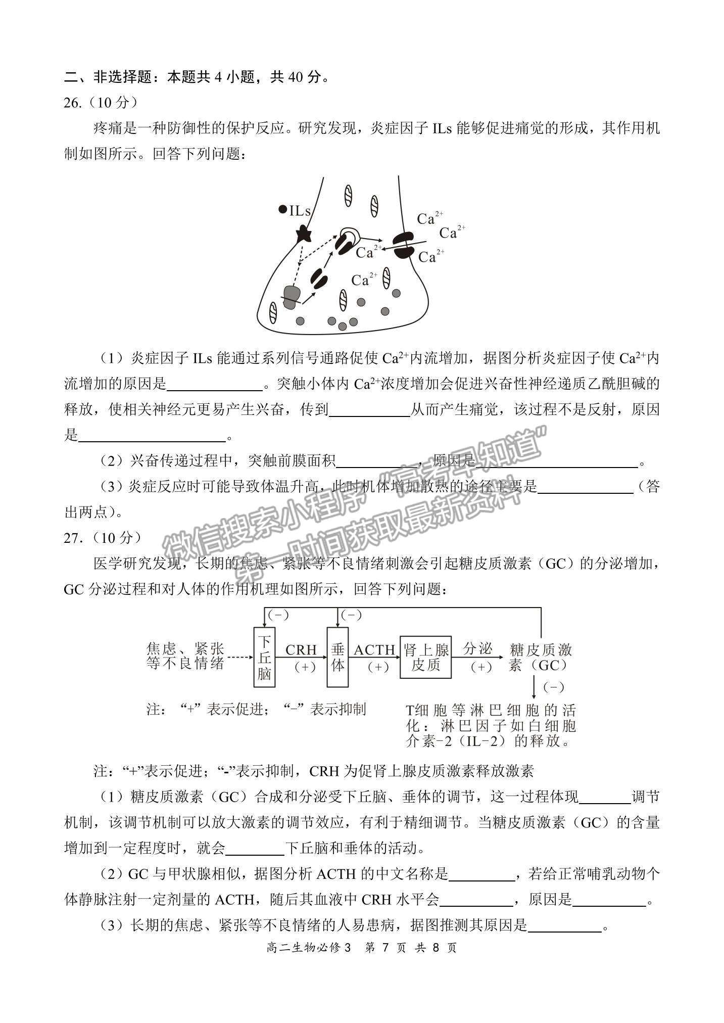 2022全國百強(qiáng)校“領(lǐng)軍考試”高二11月聯(lián)考生物（必修3）試題及參考答案