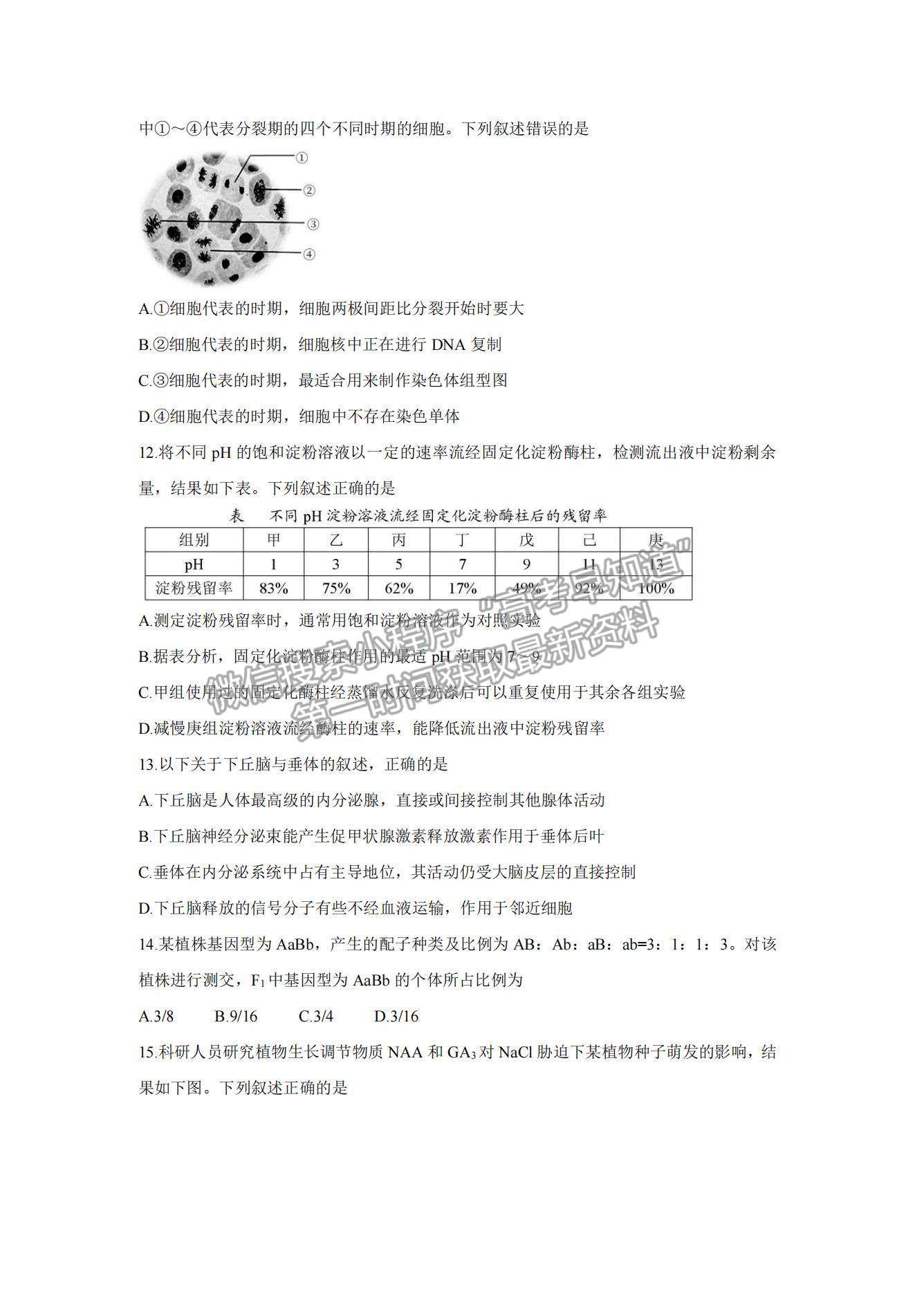 2022浙江紹興高三11月選考科目診斷性考試生物試題及參考答案