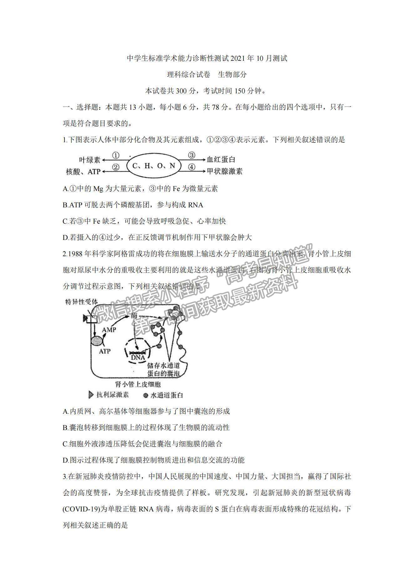 2022中學生標準學術能力測試高三10月測試生物試題及參考答案