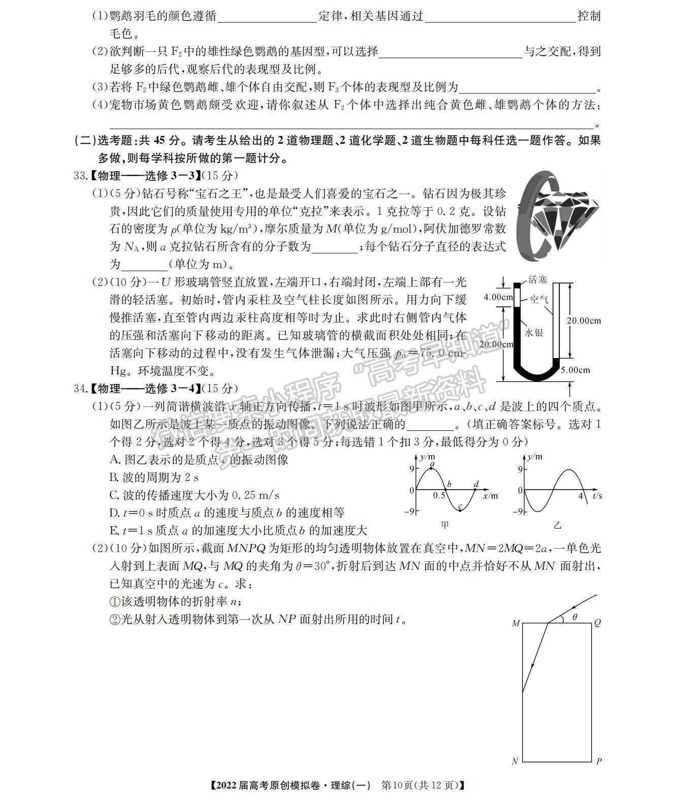 2022高考精準(zhǔn)備考原創(chuàng)模擬卷（一）理綜試題及參考答案