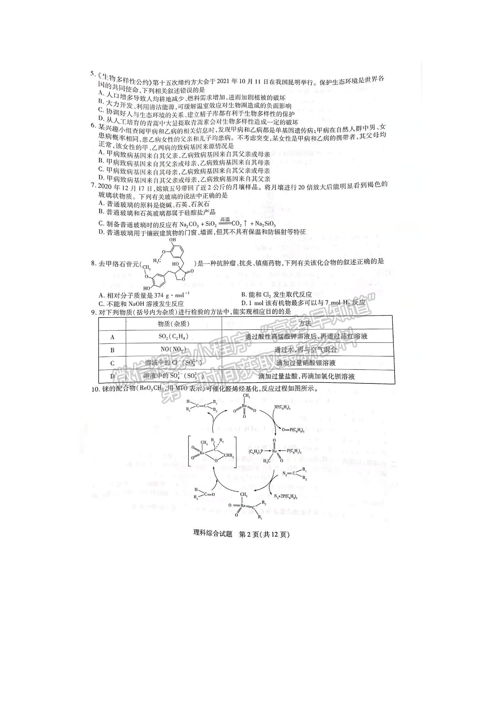 2022河南焦作市高三一模理綜試題及參考答案