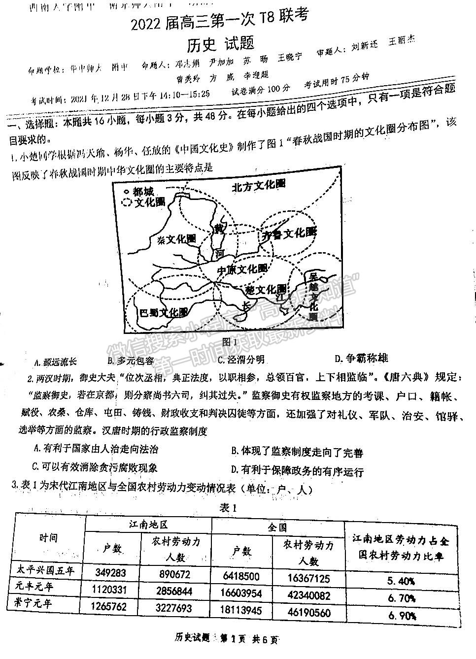 2022屆T8聯(lián)考高三第一次聯(lián)考?xì)v史（湖北卷）試題及參考答案