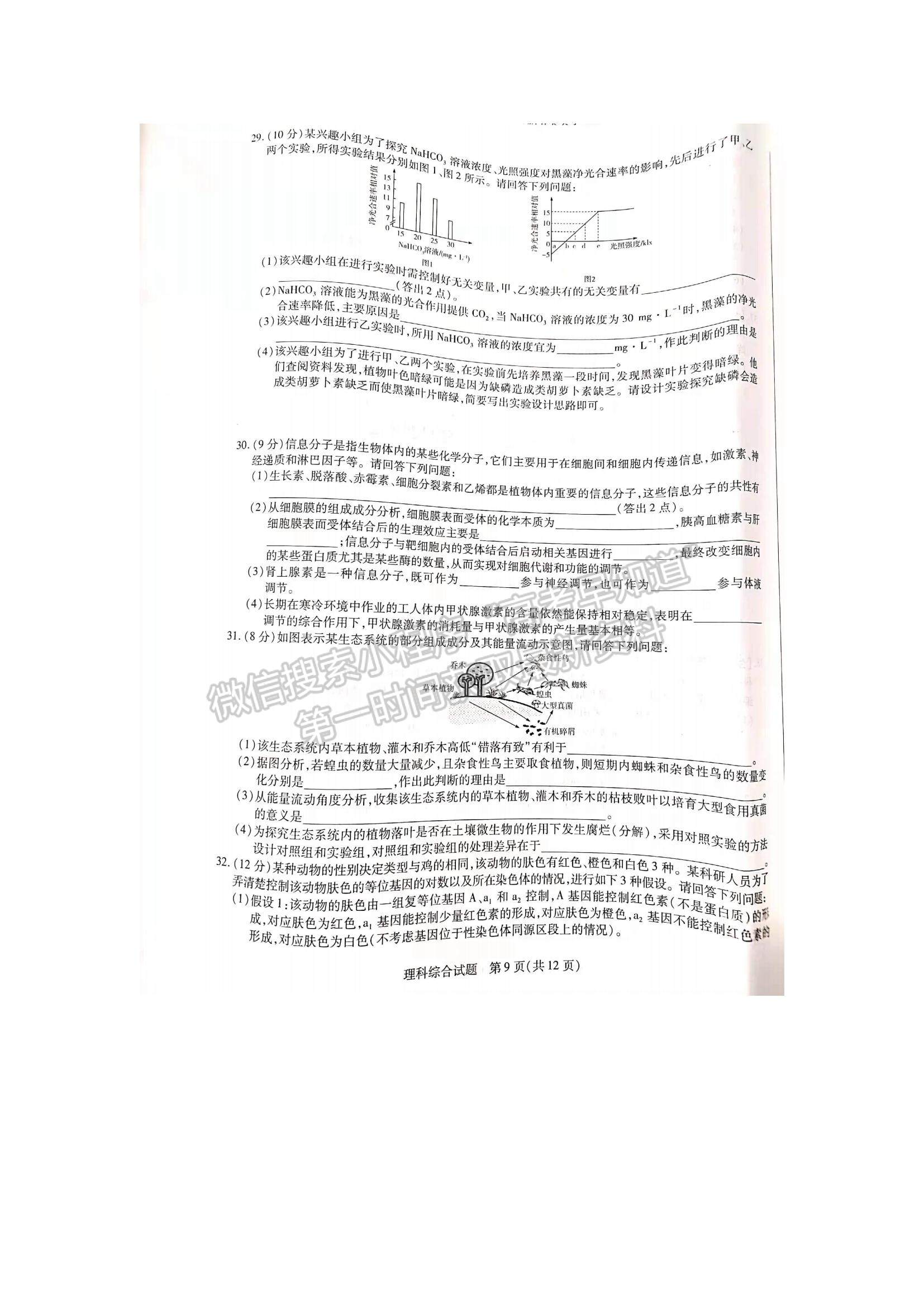 2022河南焦作市高三一模理綜試題及參考答案