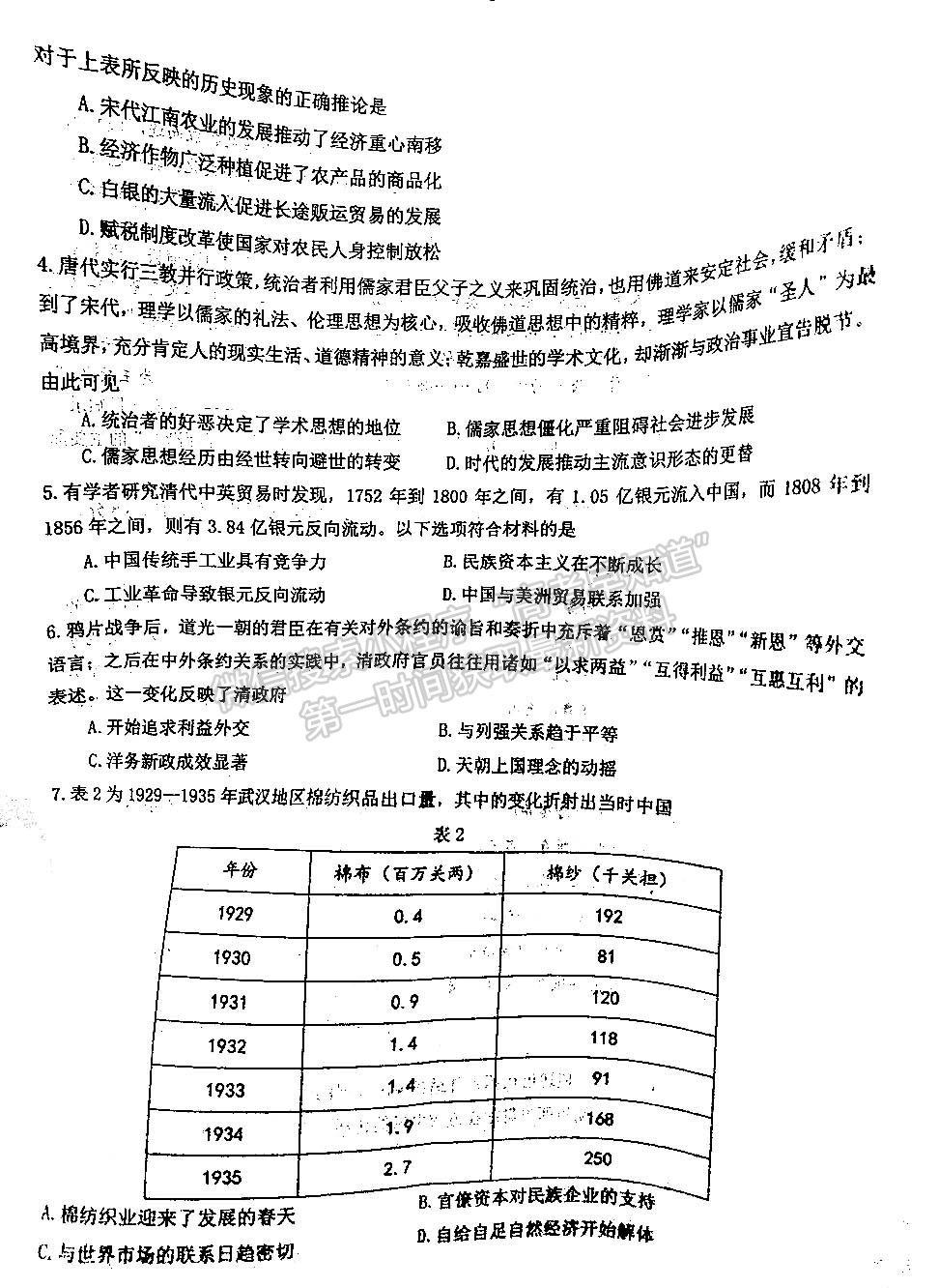 2022屆T8聯(lián)考高三第一次聯(lián)考歷史（湖北卷）試題及參考答案