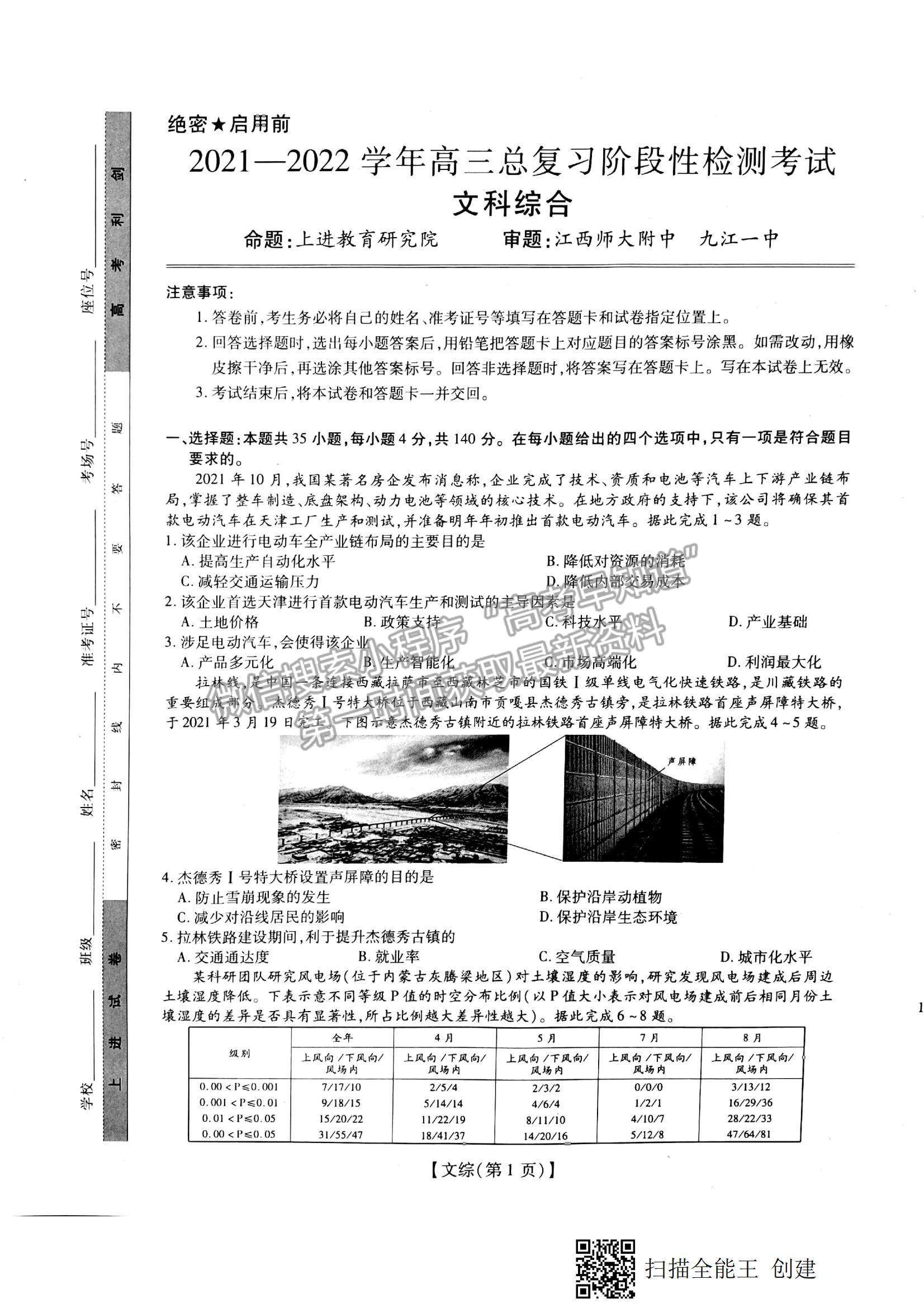 2022江西穩(wěn)派、智慧上進高三上學期12月月考文綜試題及參考答案