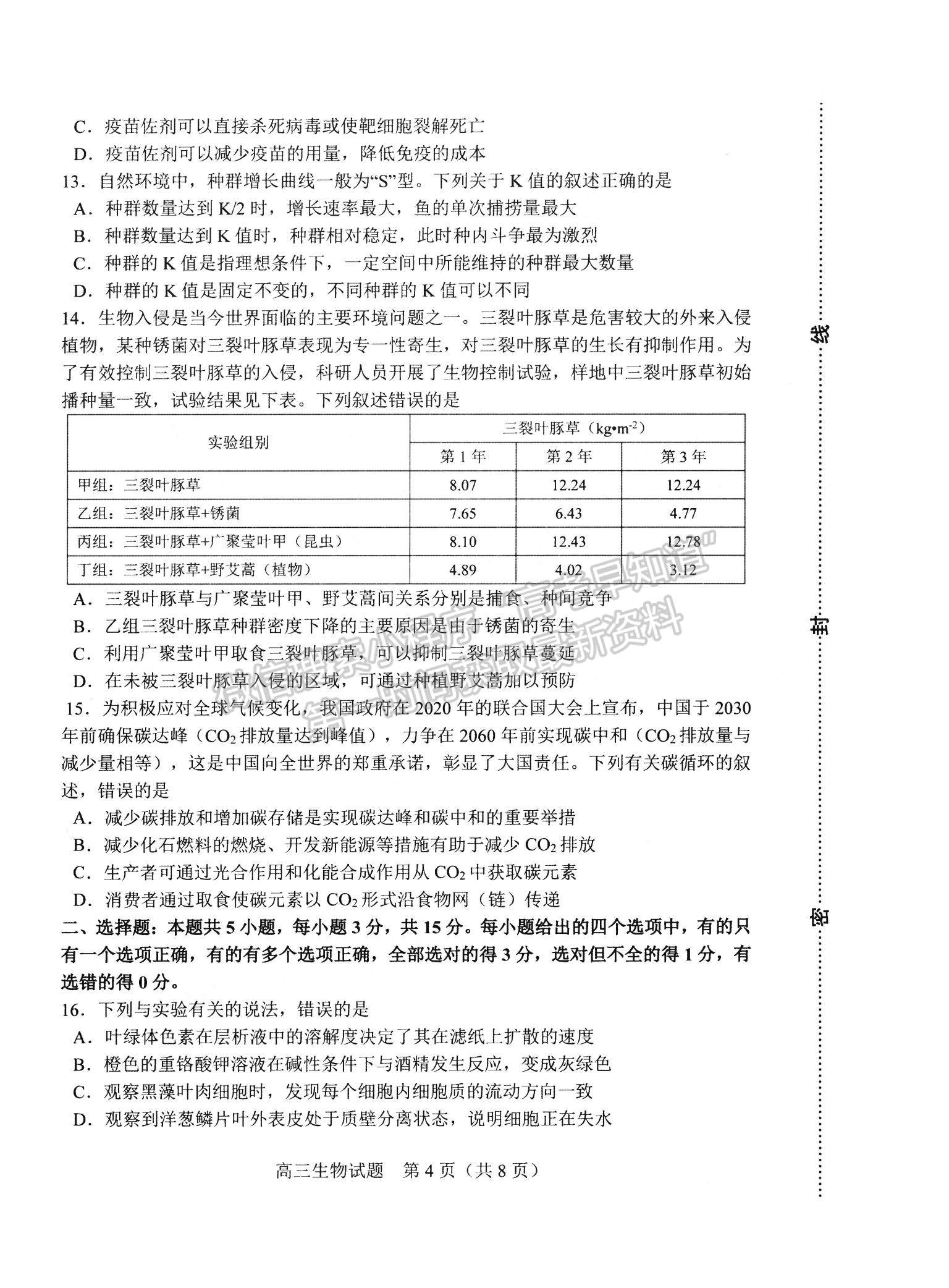 2022山東省淄博市高三12月教學質量摸底檢測生物試題及參考答案