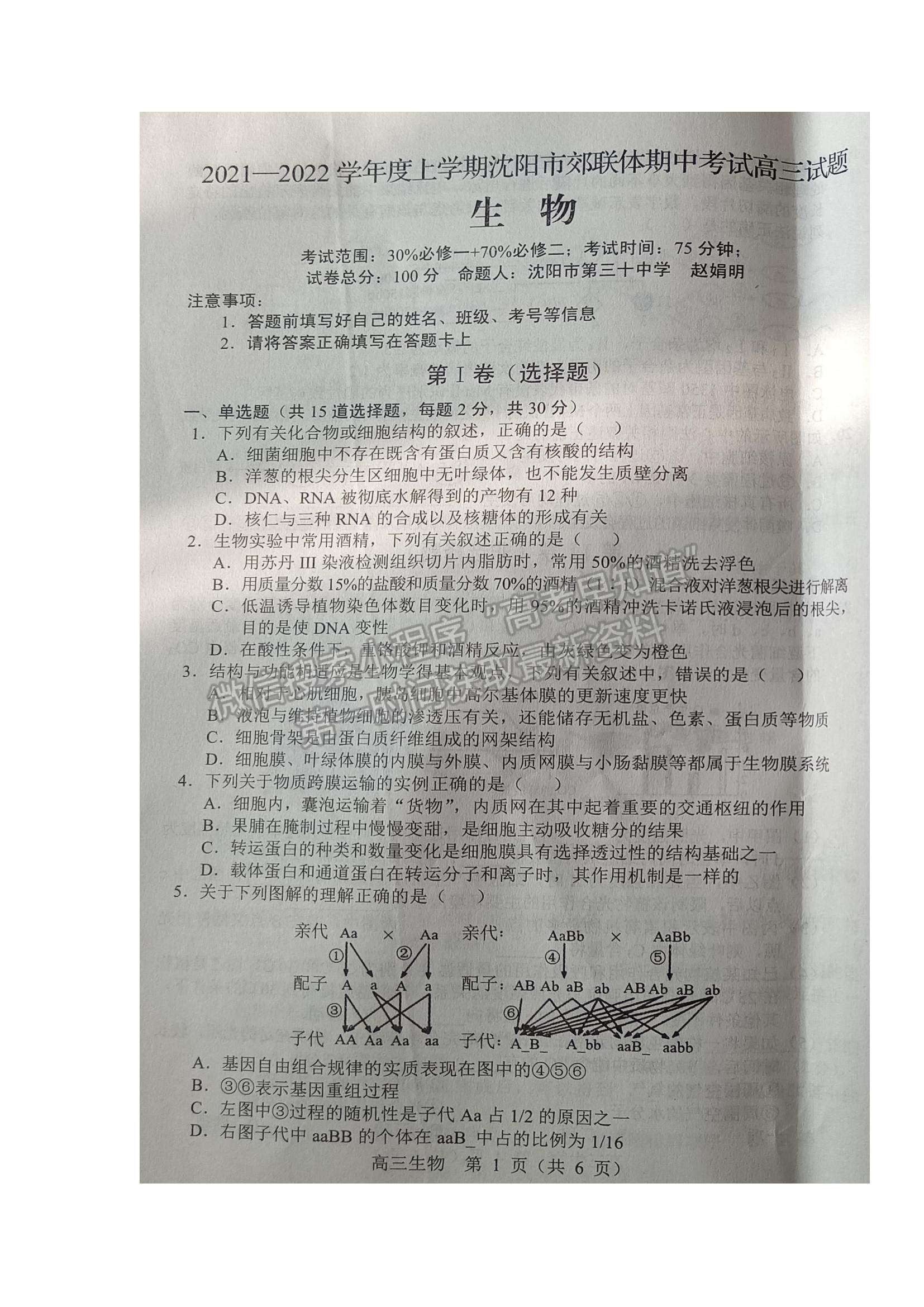 2022遼寧沈陽市郊聯(lián)體高三上學(xué)期期中考試生物試題及參考答案