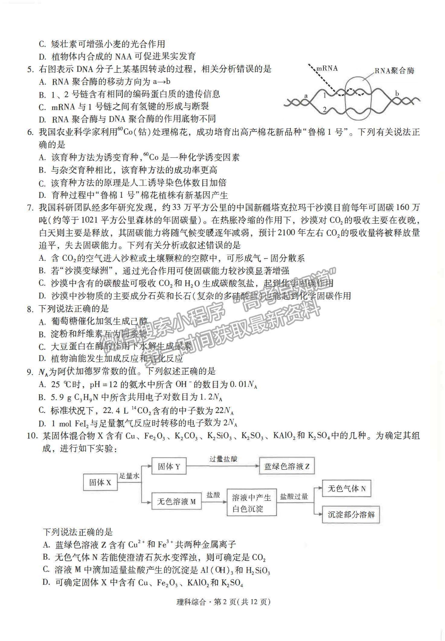 2022云南省昆明一中高三第五次雙基檢測理綜試題及參考答案