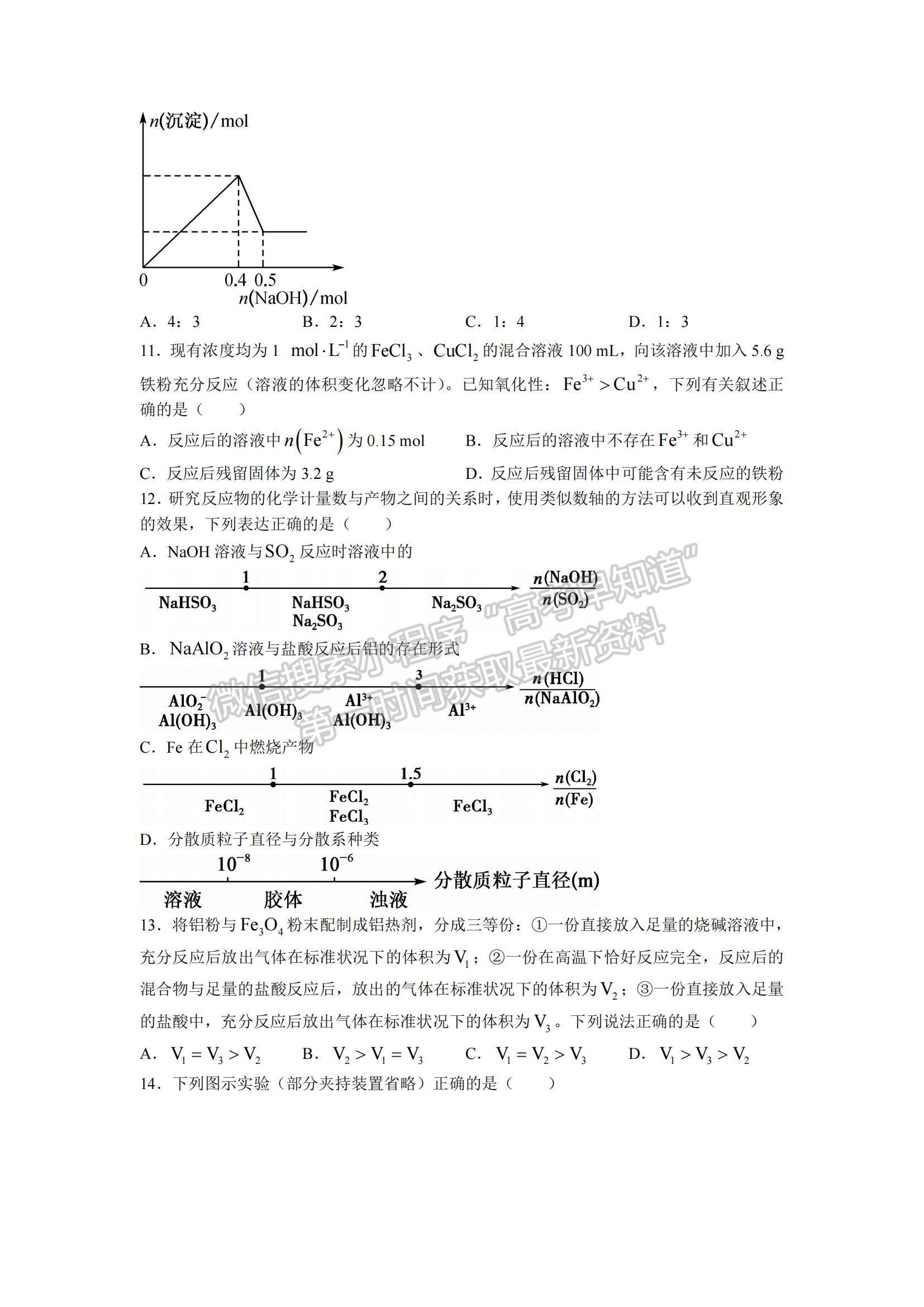 2022安徽省六安一中、阜陽(yáng)一中、合肥八中等校高三10月聯(lián)考化學(xué)試題及參考答案