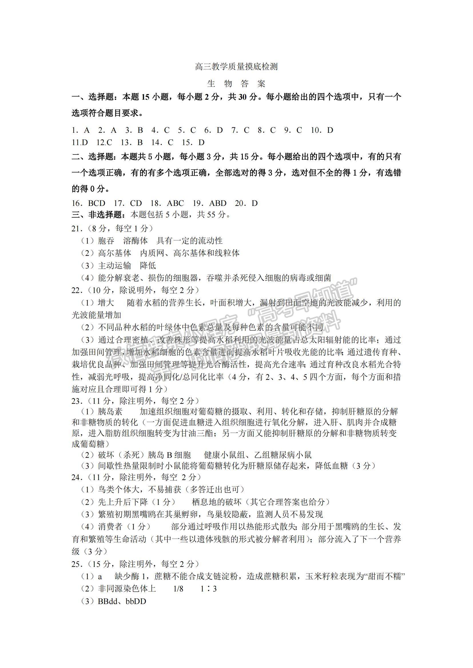 2022山東省淄博市高三12月教學(xué)質(zhì)量摸底檢測(cè)生物試題及參考答案