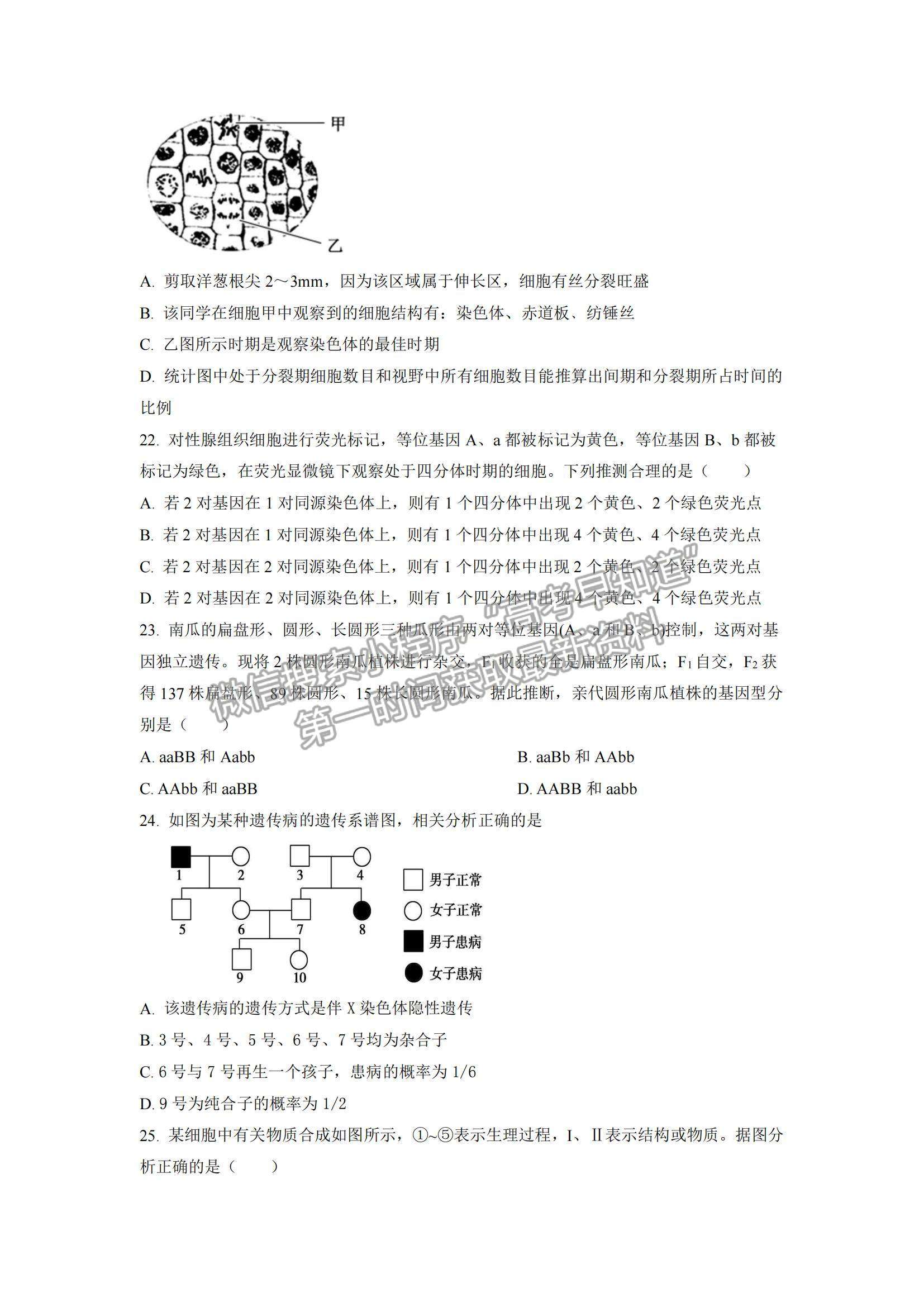 2022安徽省六安一中、阜陽(yáng)一中、合肥八中等校高三10月聯(lián)考生物試題及參考答案