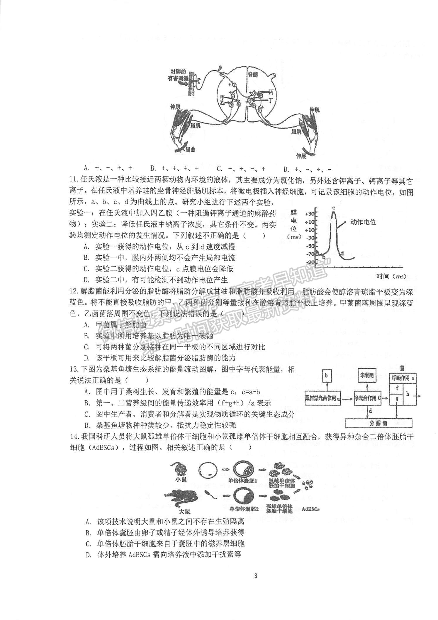 2022江蘇泰州中學(xué)高三12月月度質(zhì)量檢測(cè)生物試題及參考答案