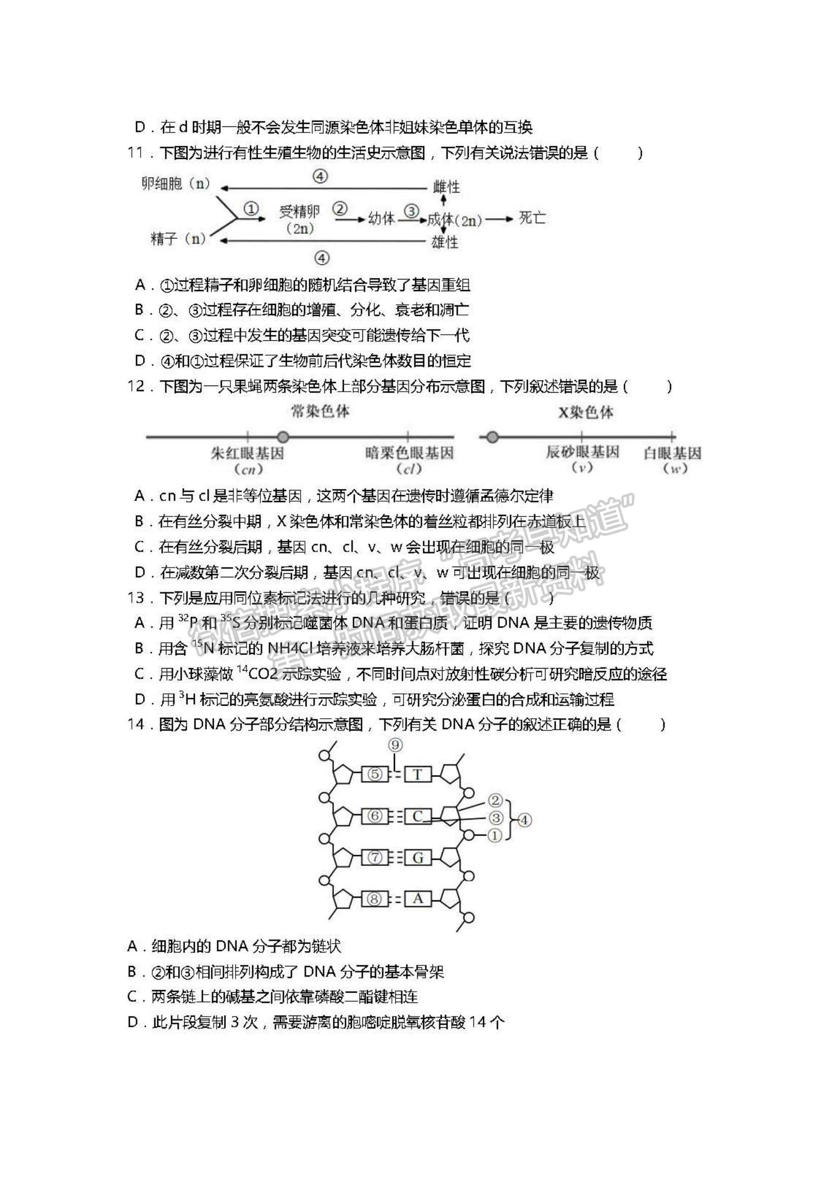 2022天津一中高三第二次月考生物試題及參考答案