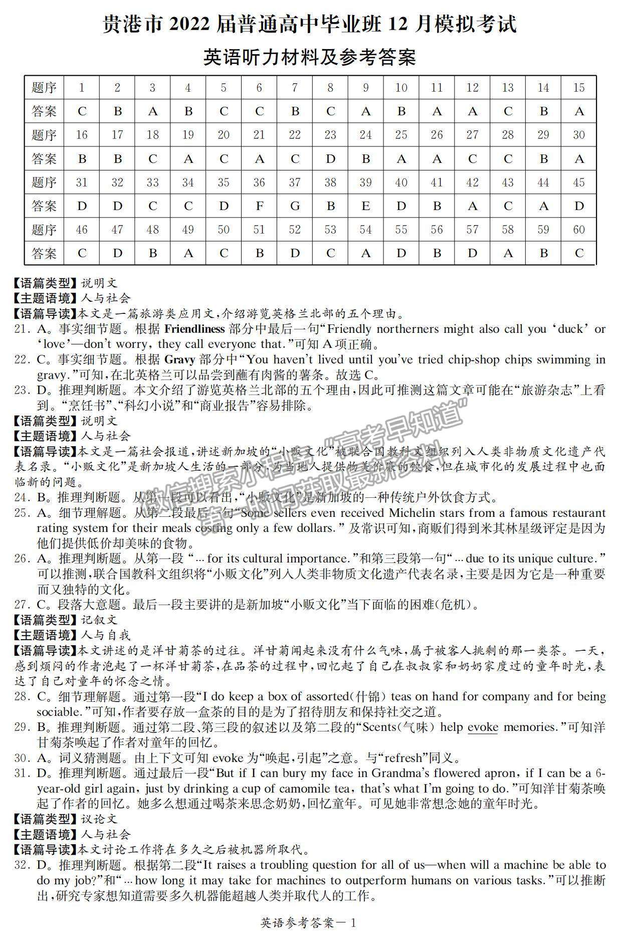 2022廣西省玉林、貴港市高三12月模擬考試英語試題及參考答案