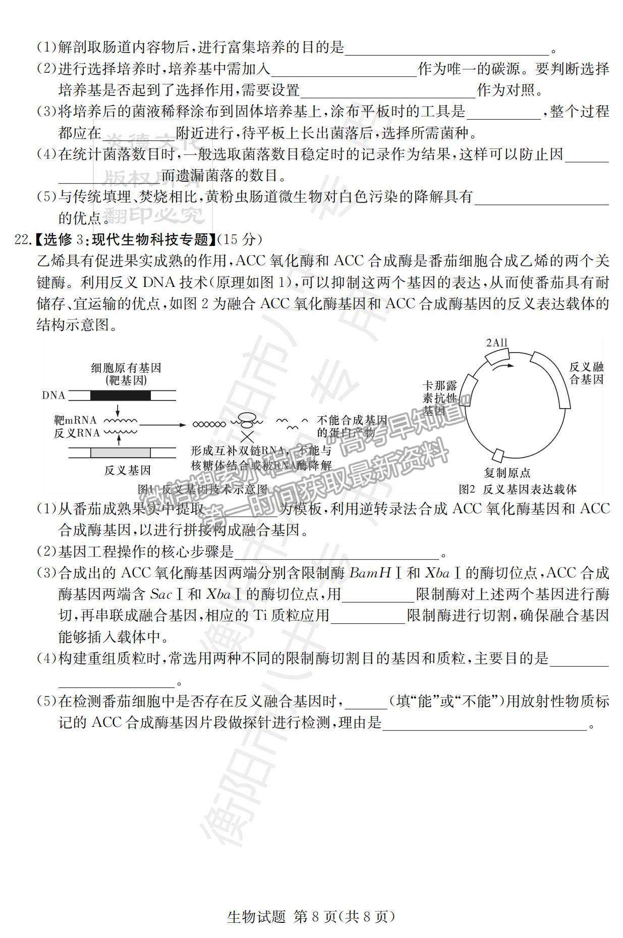 2022湖南衡陽八中高三12月聯(lián)考生物試題及參考答案