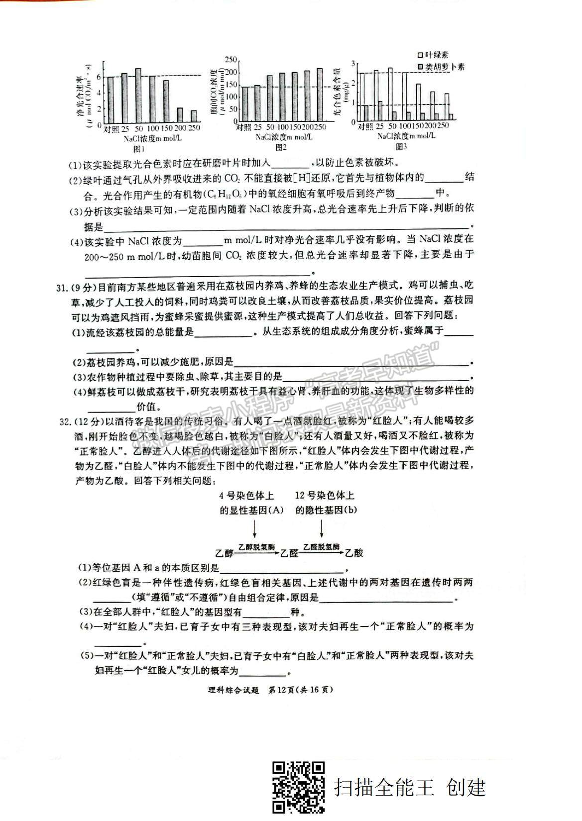 2022廣西省玉林、貴港市高三12月模擬考試理綜試題及參考答案