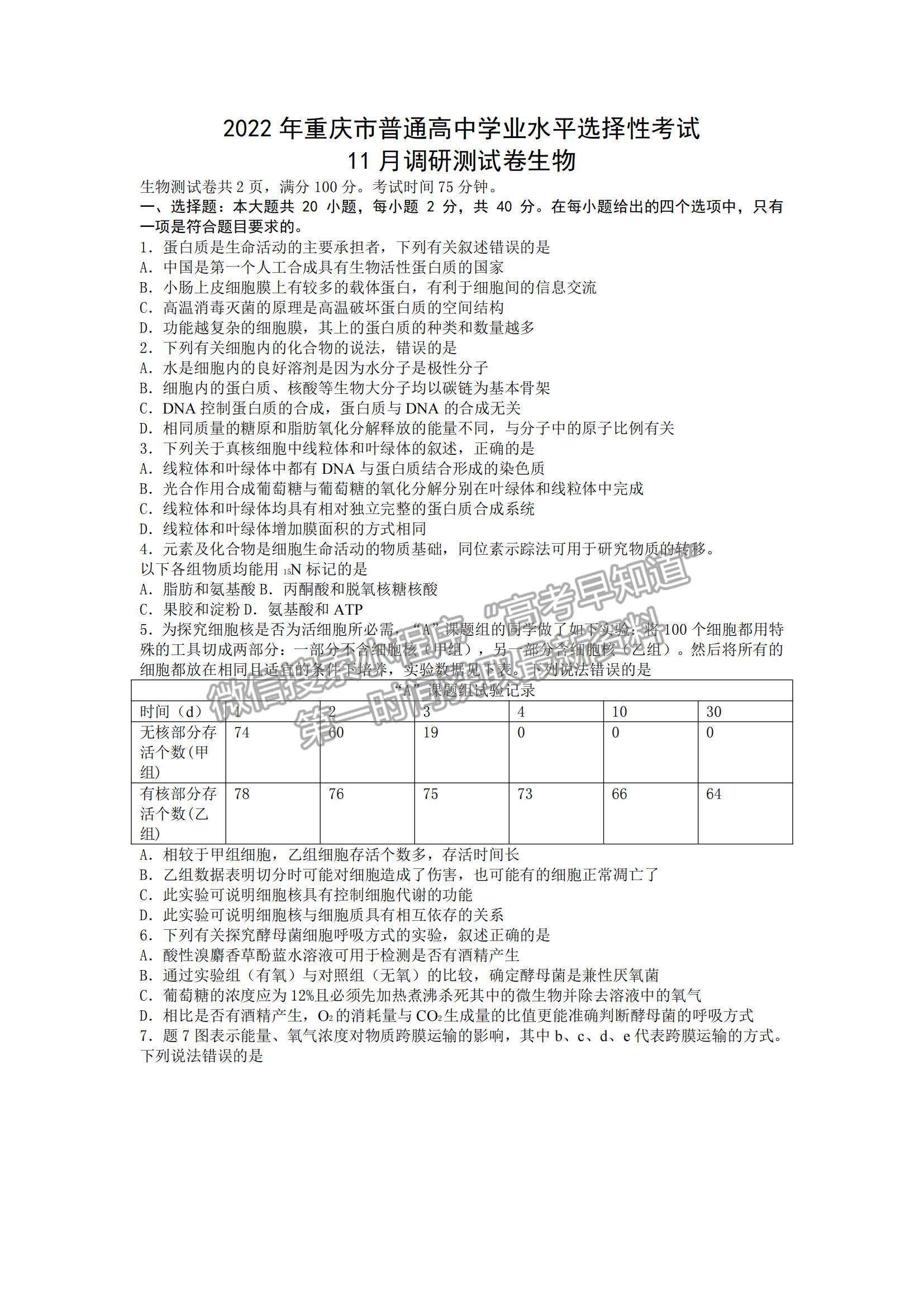 2022重慶市普通高中學業(yè)水平選擇性考試11月調研測試卷生物試題及參考答案