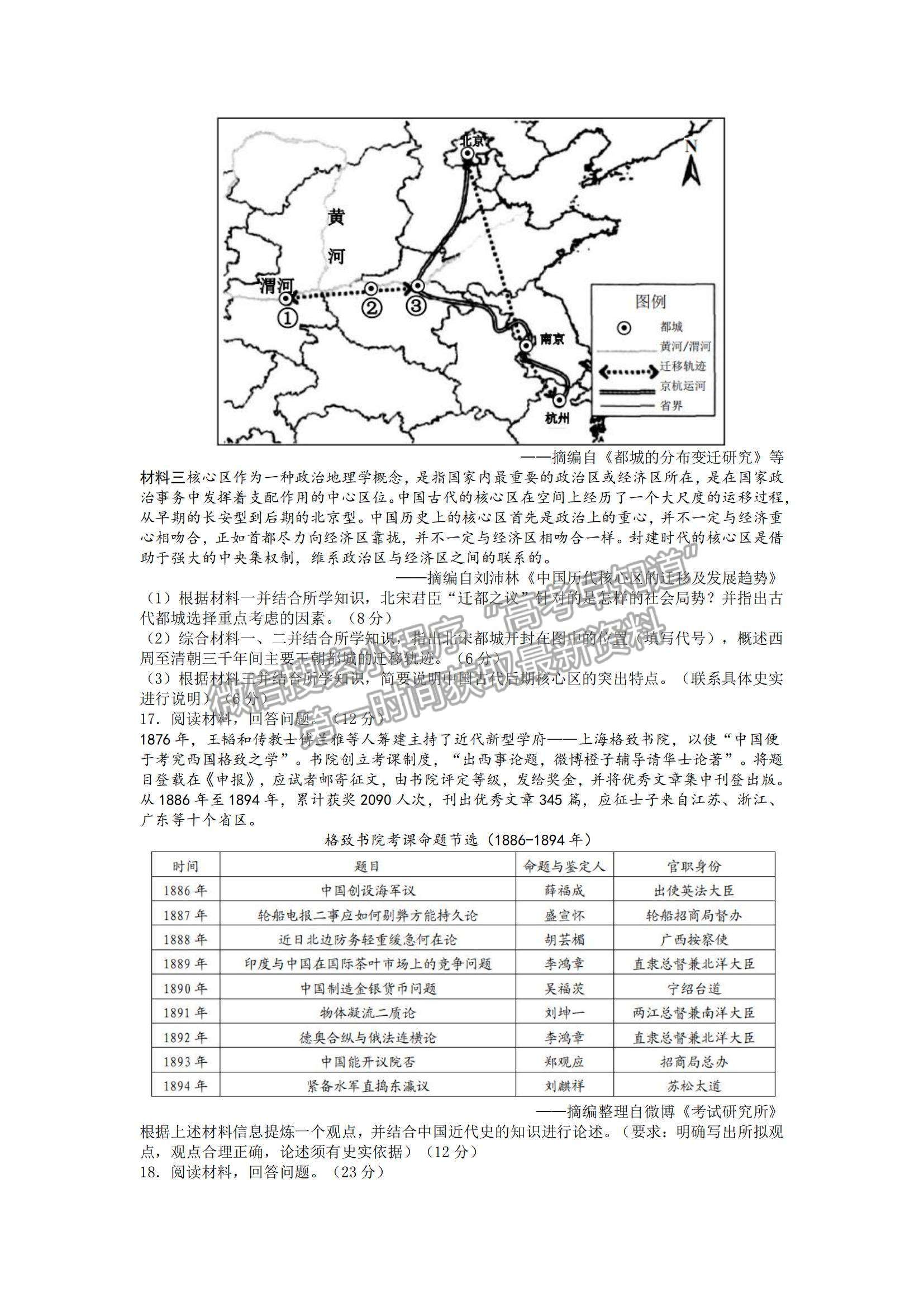 2022重慶市普通高中學業(yè)水平選擇性考試11月調研測試卷歷史試題及參考答案