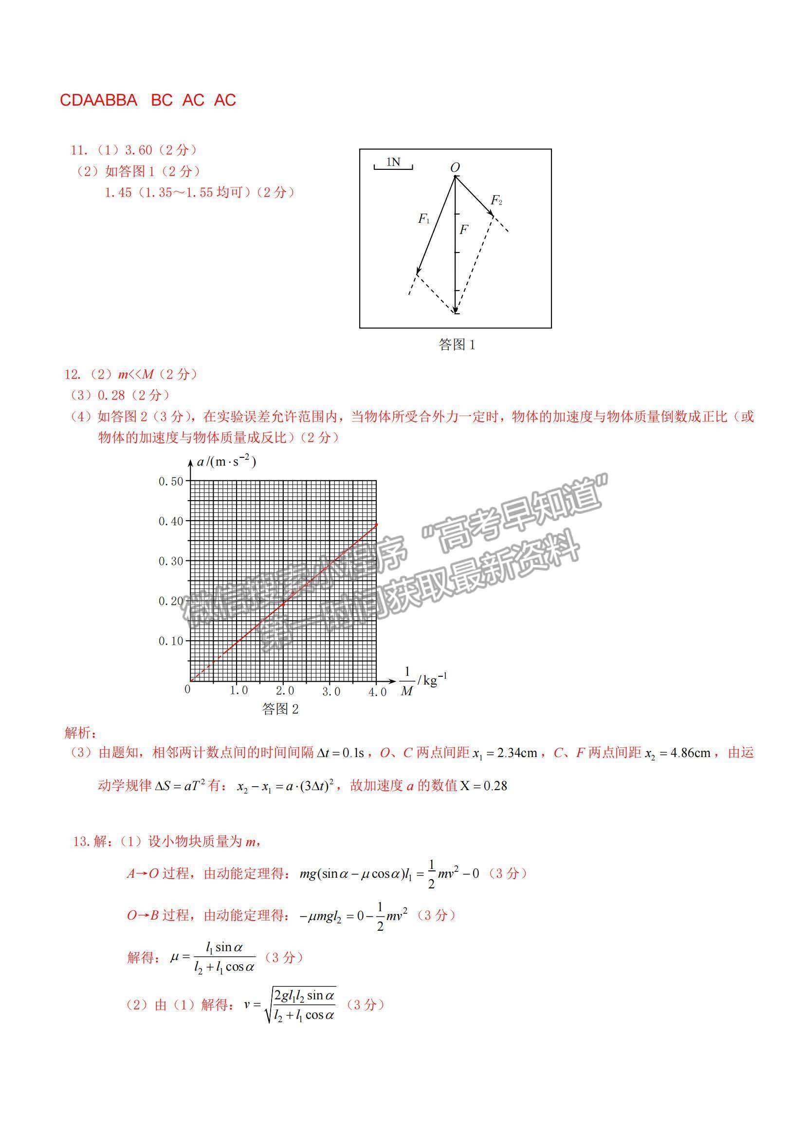 2022重慶市普通高中學業(yè)水平選擇性考試11月調(diào)研測試卷物理試題及參考答案