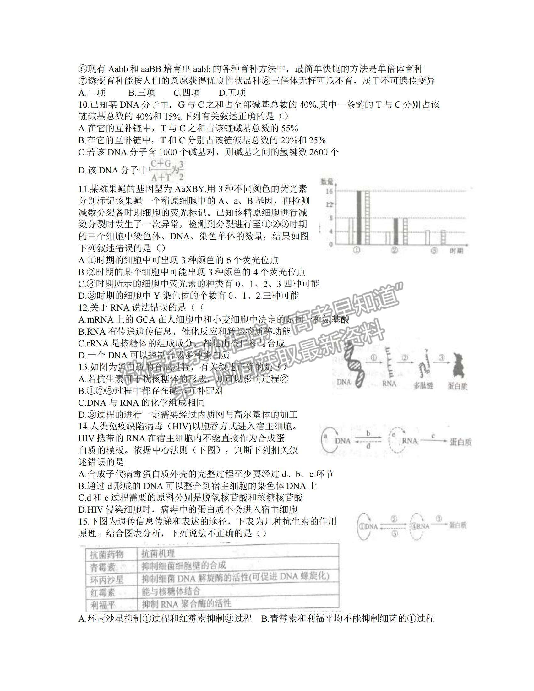 2022安徽六安一中高三第四次月考生物試題及參考答案