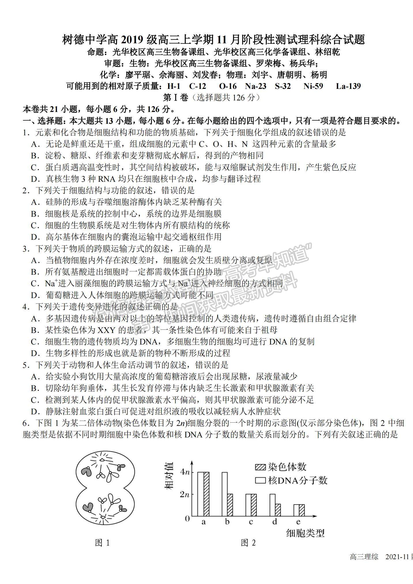 2022四川成都樹德中學(xué)高三11月階段性測試?yán)砭C試題及參考答案