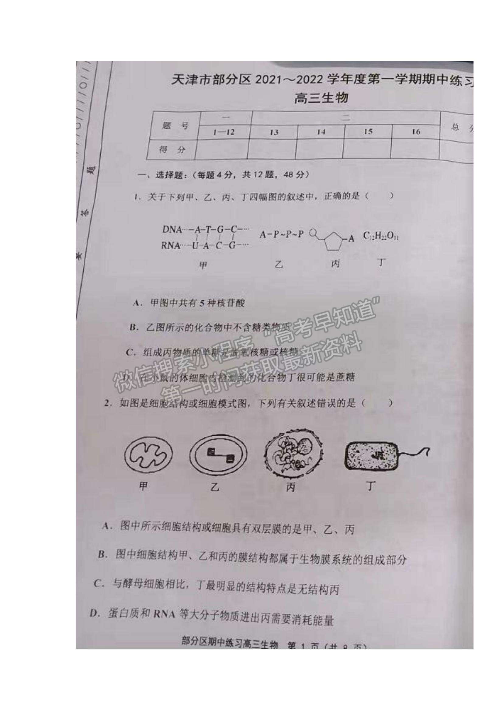 2022天津市部分區(qū)高三上學(xué)期期中練習(xí)生物試題及參考答案