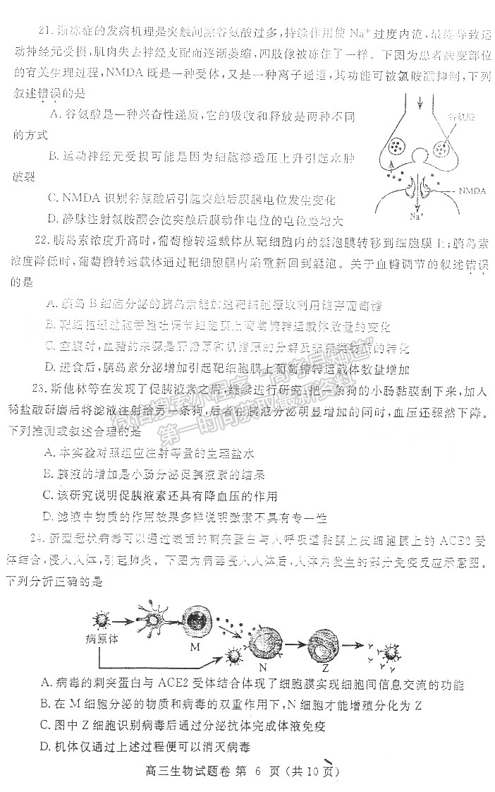 2022鄭州一測理綜試題及參考答案