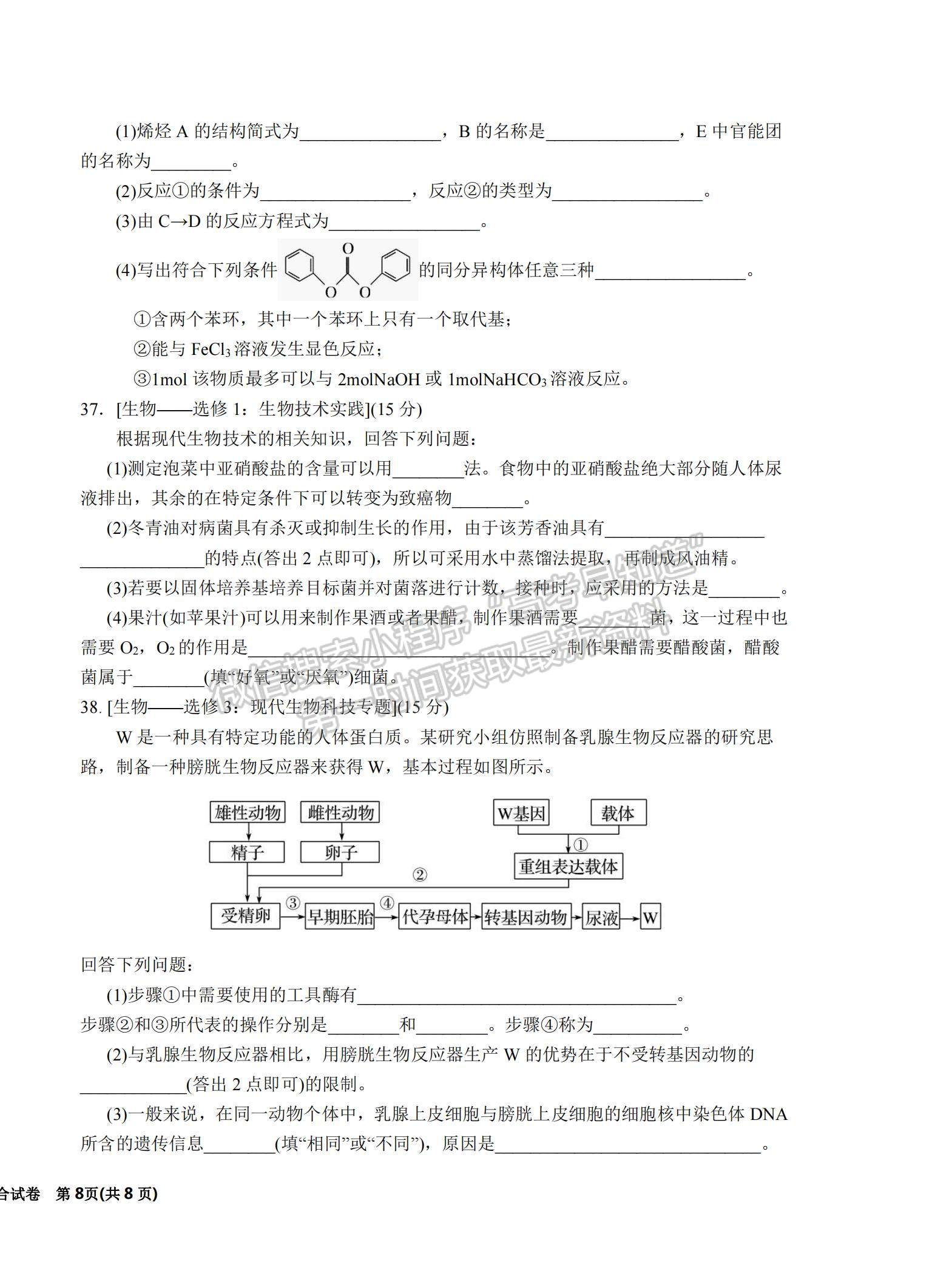 2022寧夏銀川一中高三第五次月考理綜試題及參考答案