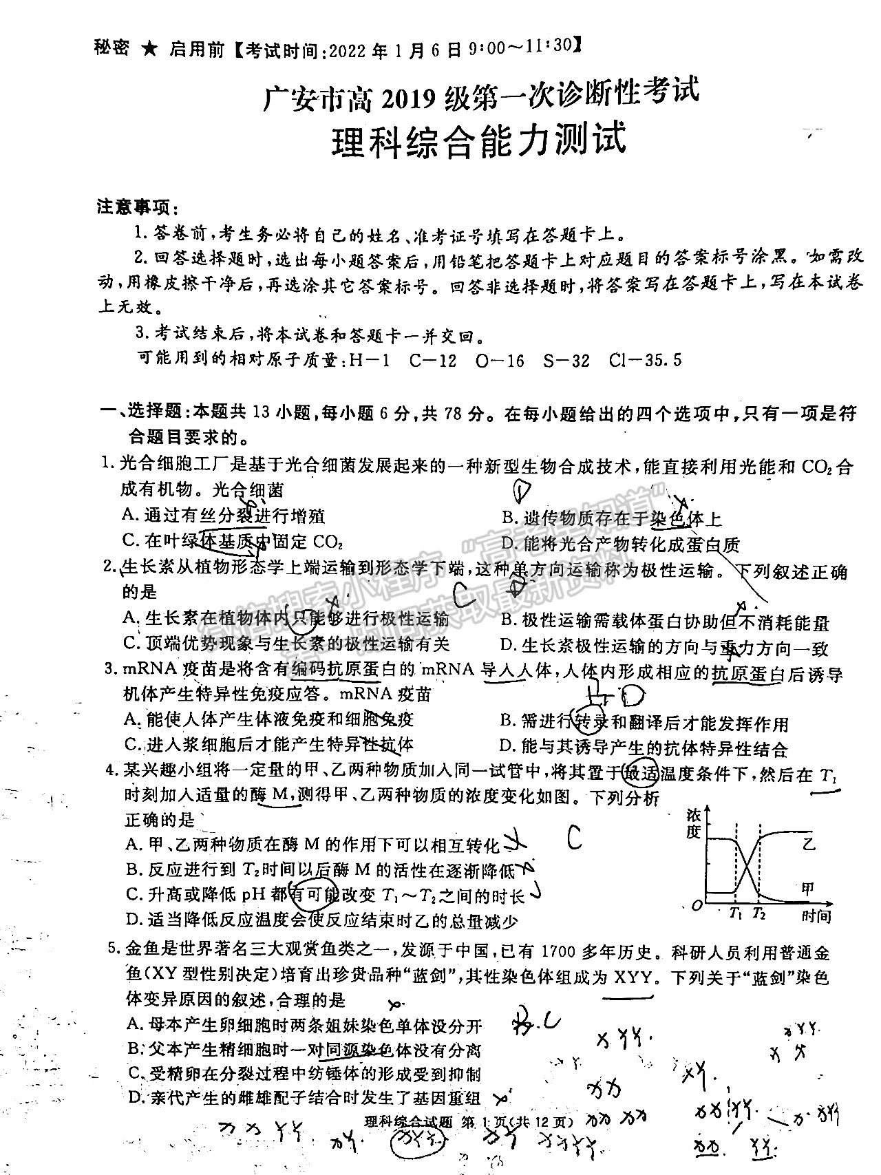 2022四川省廣安/眉山/遂寧/雅安/內(nèi)江等六市診斷性考試理科綜合試題及答案