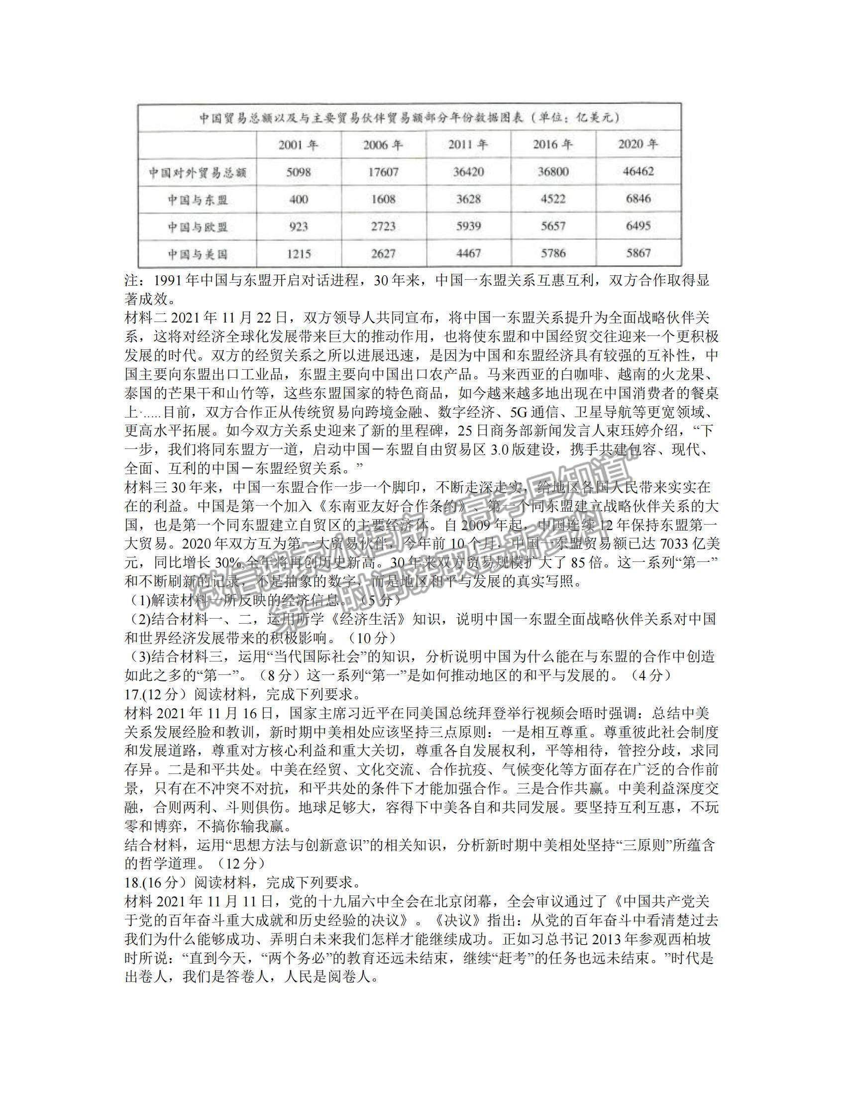 2022重慶八中高考適應性月考卷（四）政治試題及參考答案