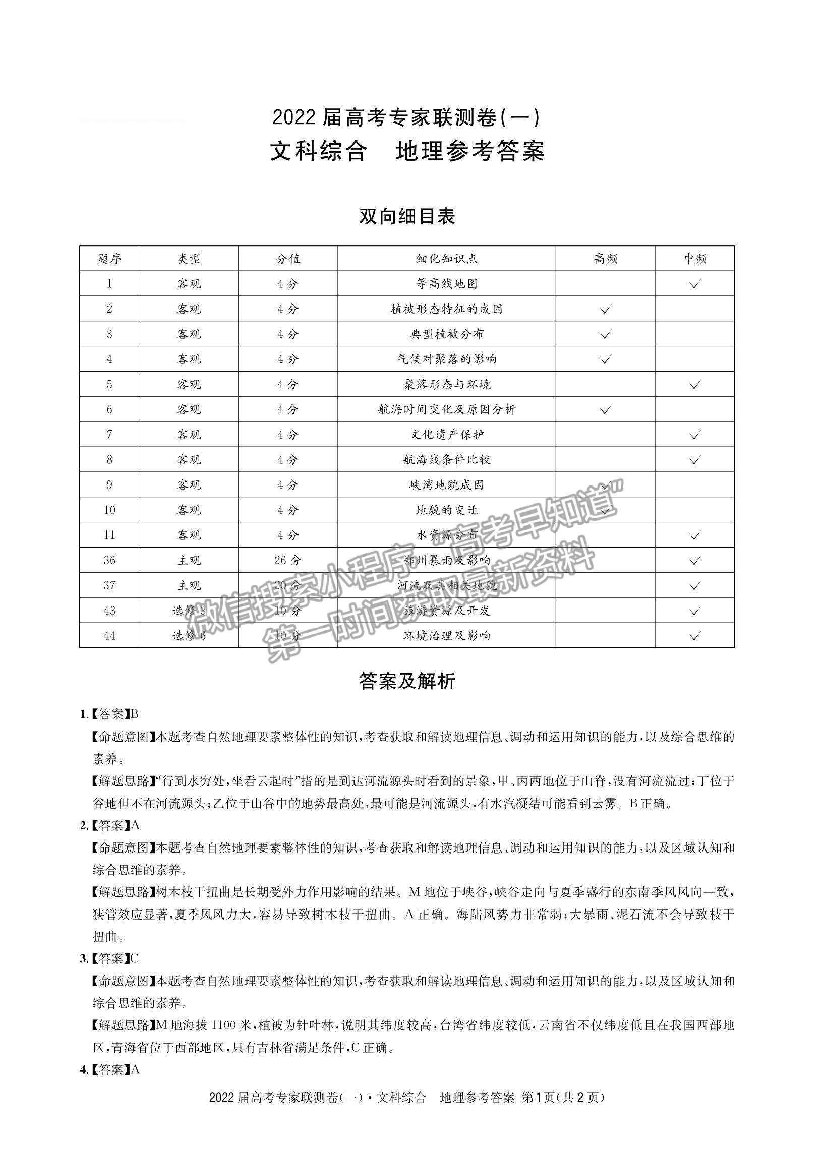 2022四川省成都石室中學(xué)高三上學(xué)期專家聯(lián)測卷（一）文綜試題及參考答案