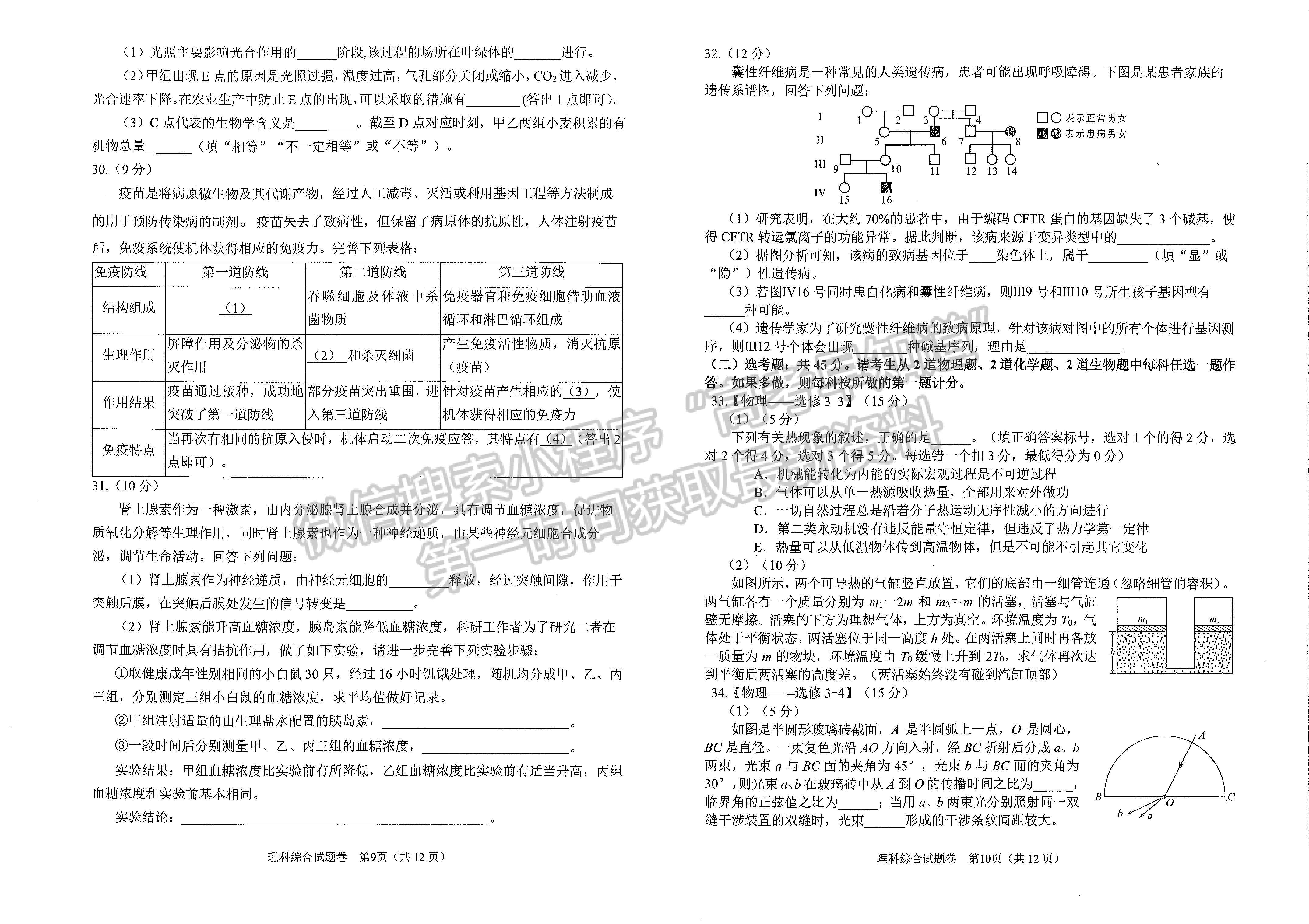 2022四川省綿陽市高中2019級第二次診斷性考試?yán)砜凭C合試題及答案