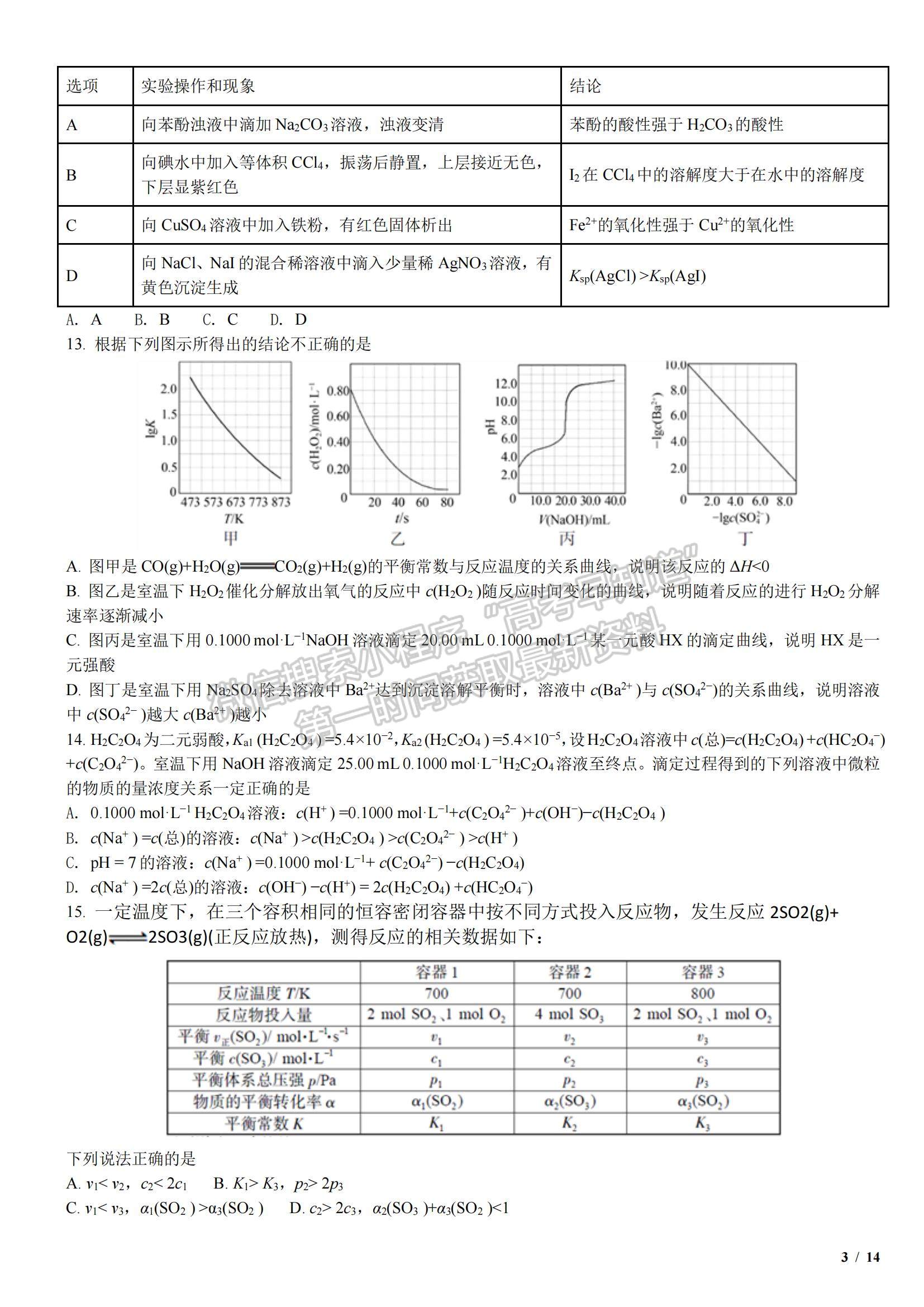 2018江蘇卷高考真題化學試卷及參考答案