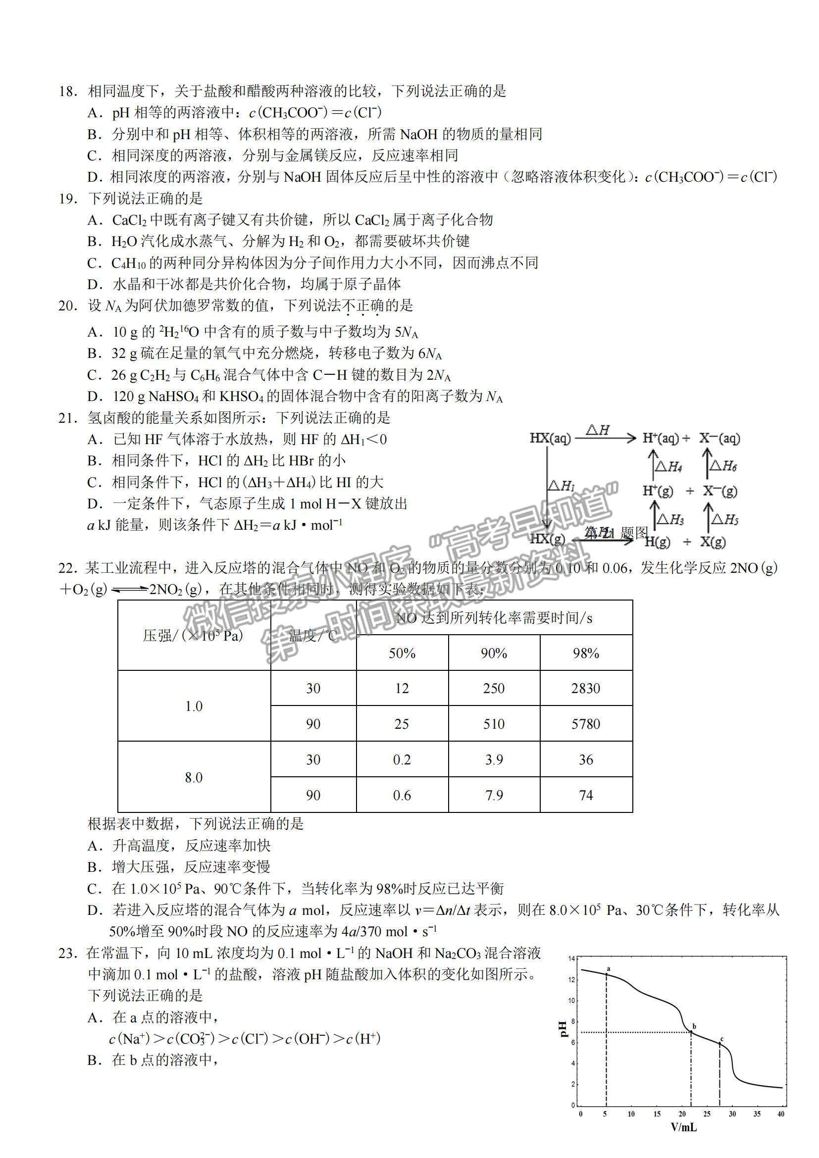 2018浙江卷高考真題（4月選考）化學(xué)試卷及參考答案