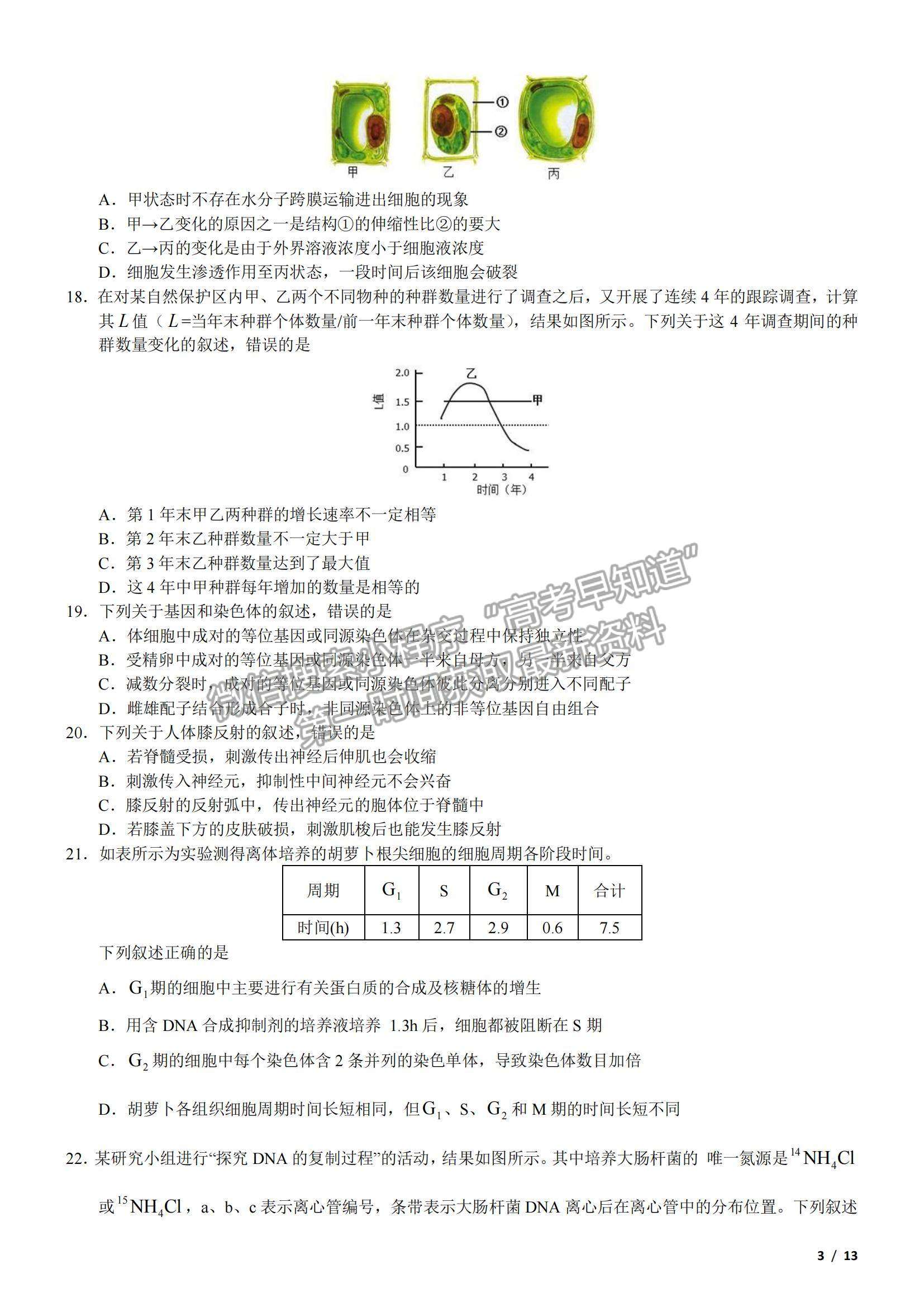 2018浙江卷高考真題（4月選考）生物試卷及參考答案