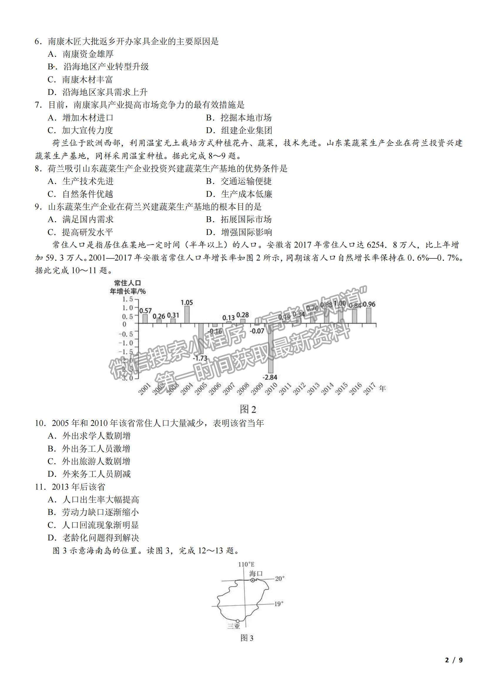 2018海南卷高考真題地理試卷及參考答案